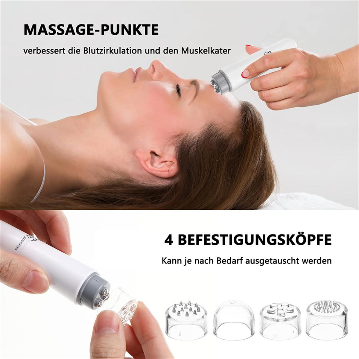 Frau erhält Gesichtsmassage. Unten werden austauschbare Massageköpfe gezeigt.