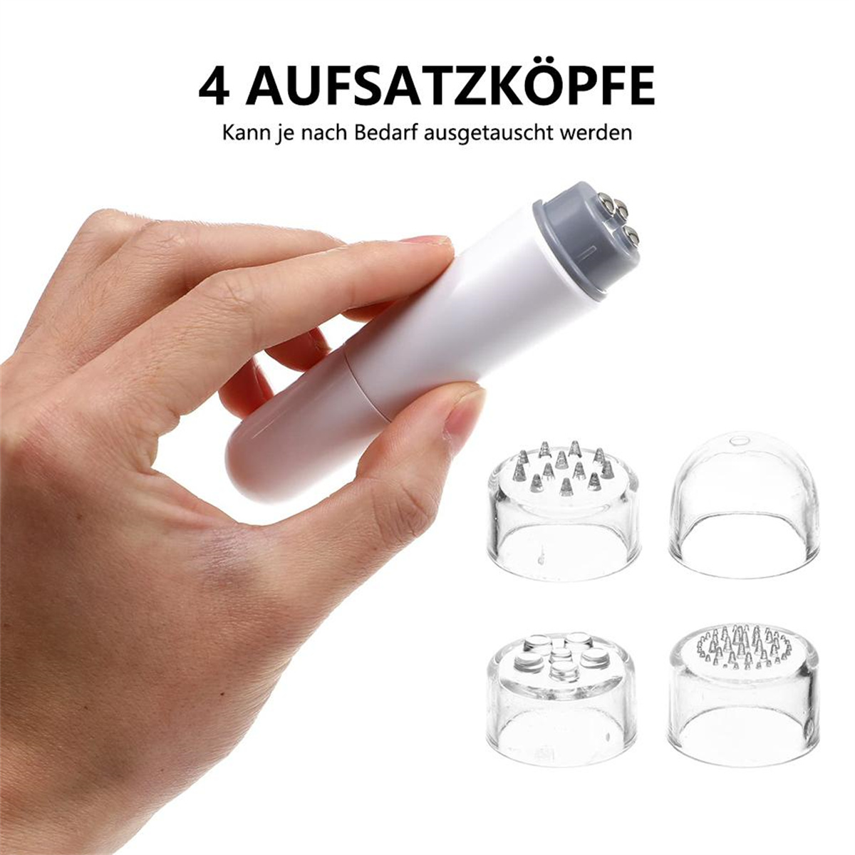 Eine Hand, die ein weißes Gerät mit vier austauschbaren Köpfen für die Hautpflege hält.
