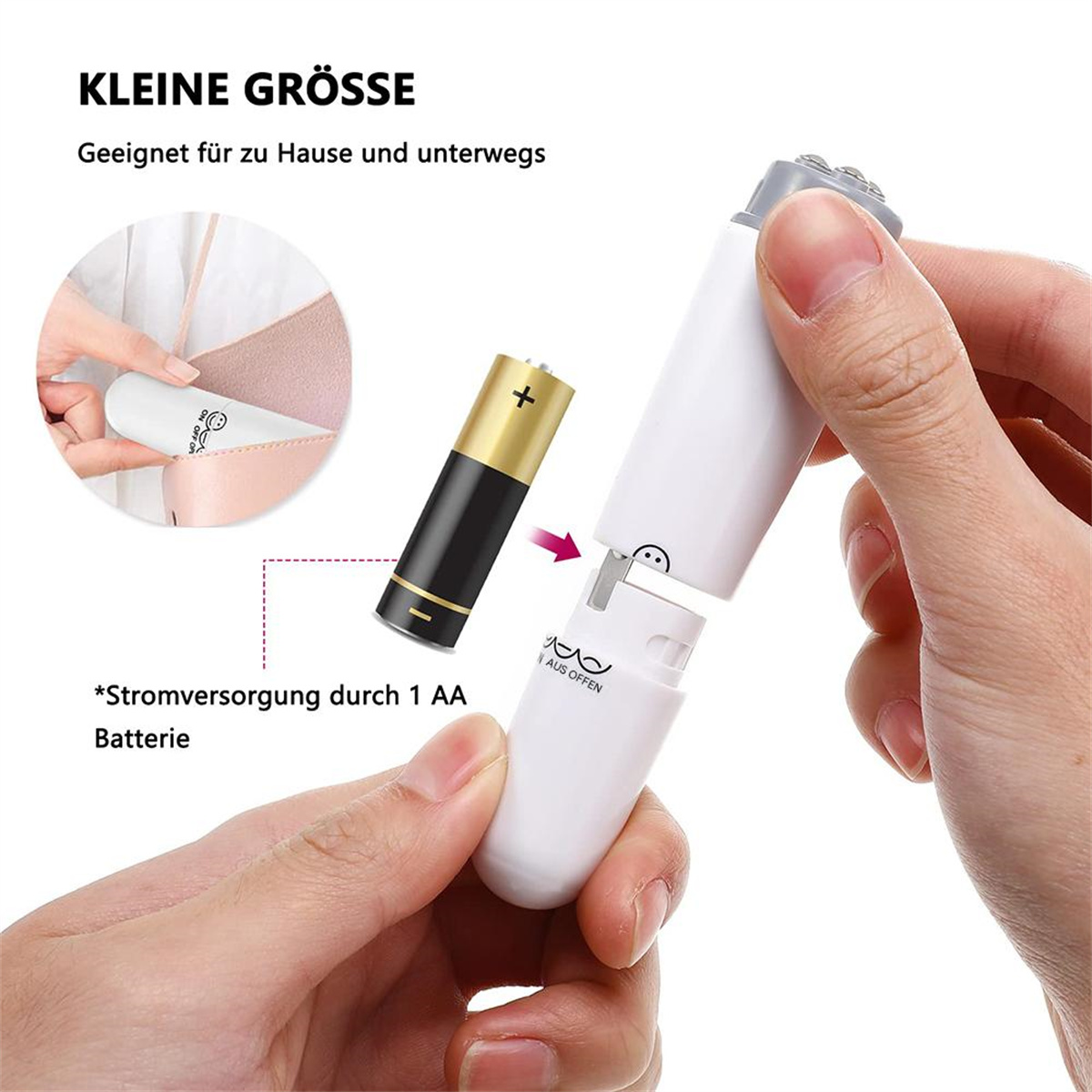 Ein weißer und grauer Elektrorasierer mit Batterie und Textbeschreibung.