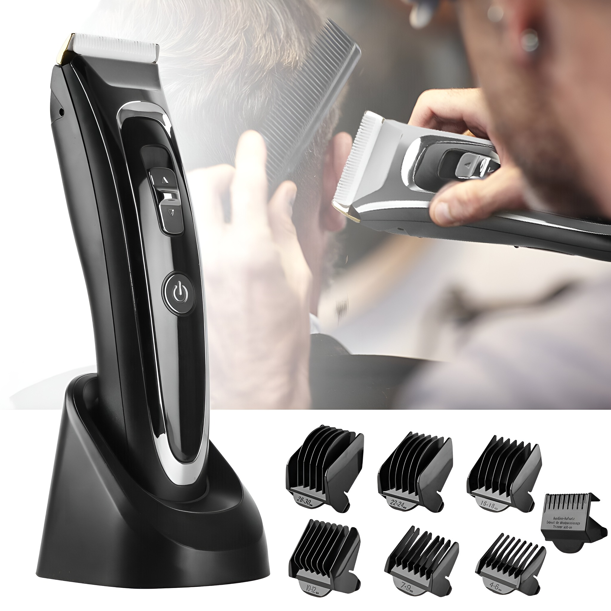 Schwarze Haarschneidemaschine mit Ladestation und Aufsätzen. Eine Person benutzt die Maschine.