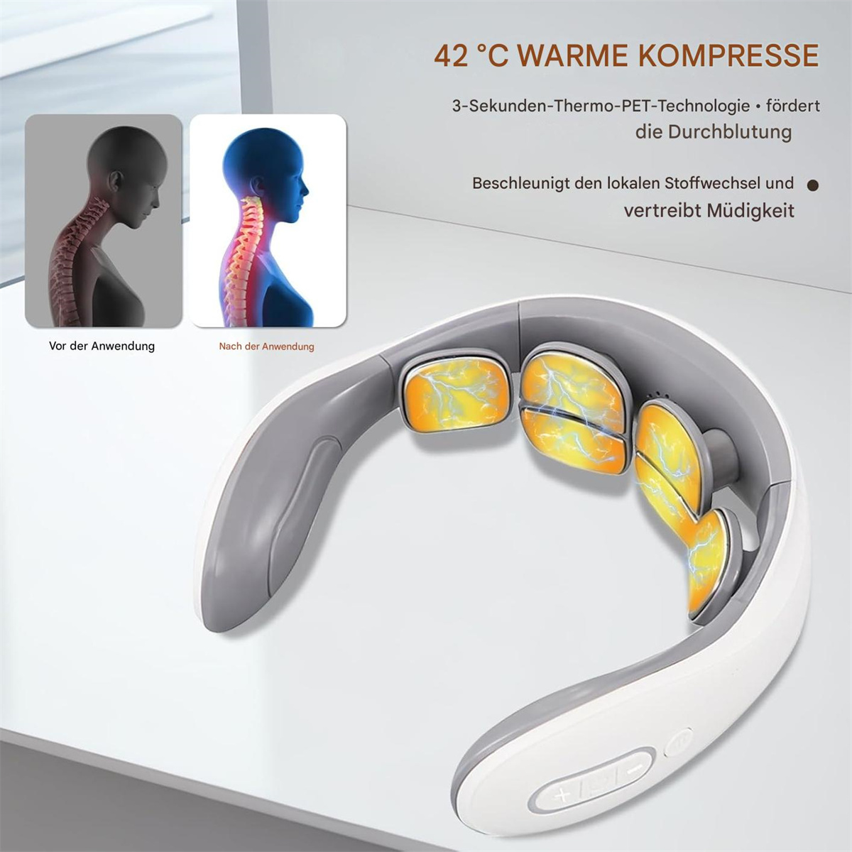 Nackenmassagegerät mit Diagrammen vor und nach der Anwendung, fördert die Durchblutung.