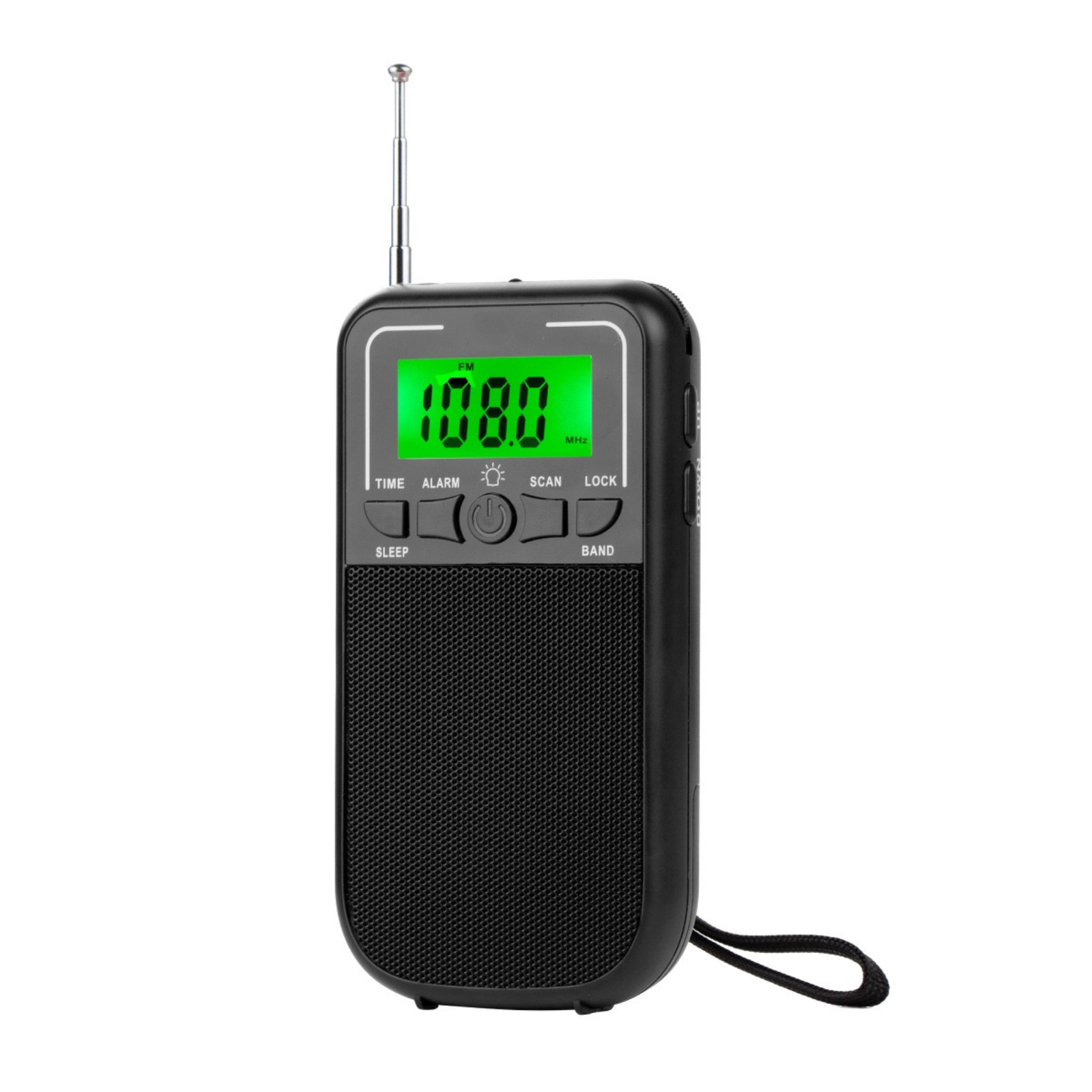 Schwarzes tragbares Radio mit grünem Display, das 108,0 MHz anzeigt. Tasten: Zeit, Alarm, Scan, Lock, Band, Sleep.