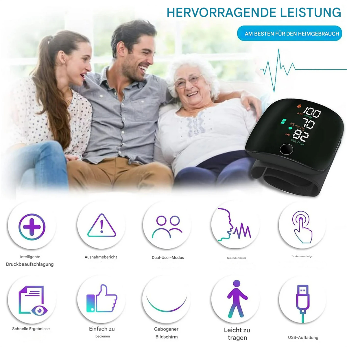 Blutdruckmessgerät mit Familie, Symbolen und Gesundheitsdaten. Das Messgerät zeigt 100/70/82 an.