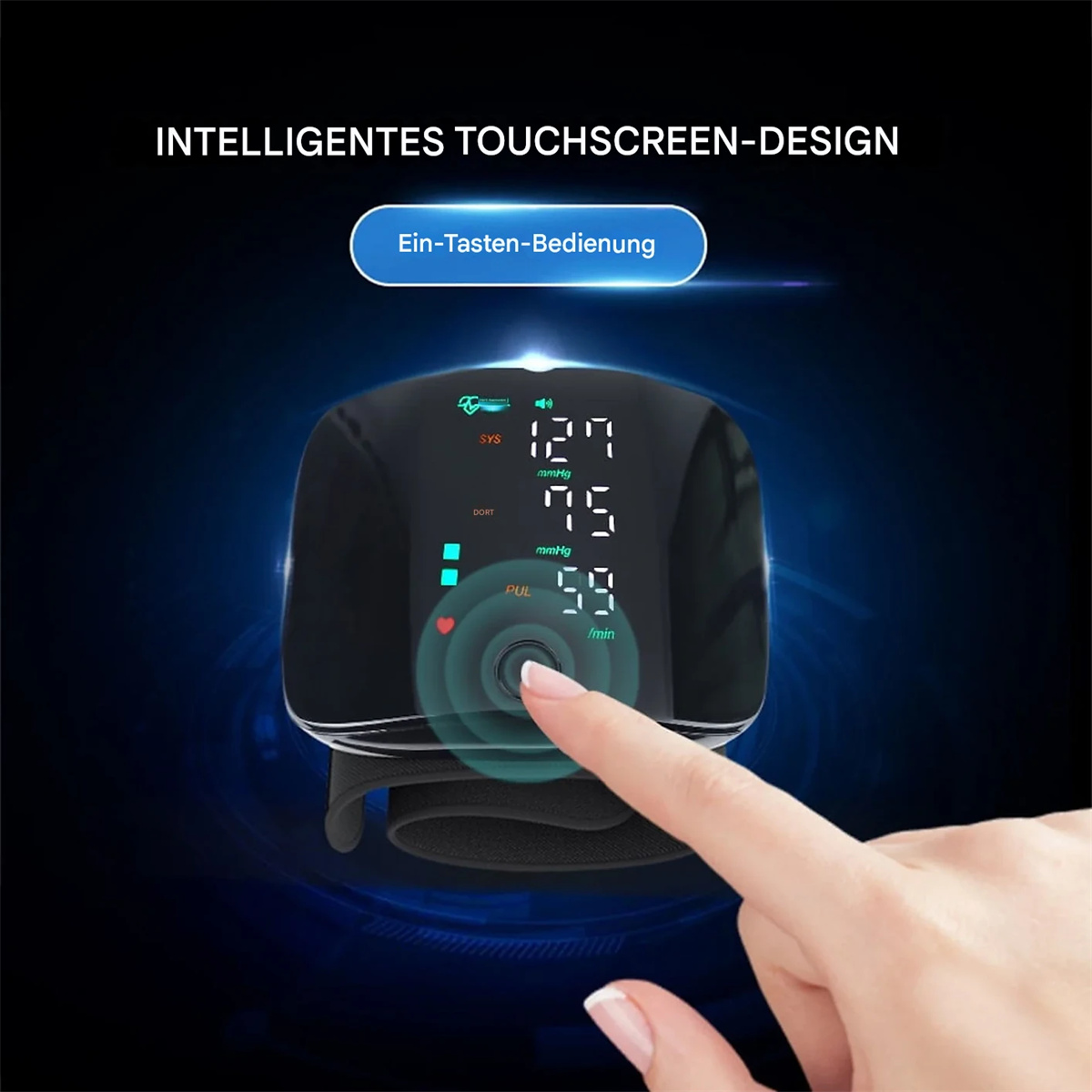 Ein Finger berührt den Bildschirm einer Smartwatch, auf dem Blutdruck- und Pulswerte angezeigt werden.