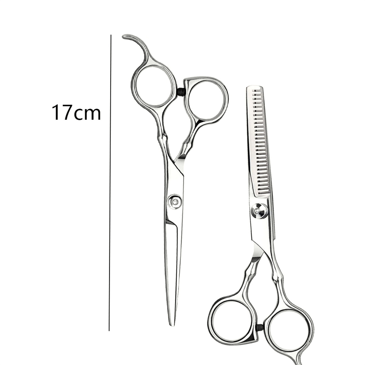 Zwei silberne Friseurscheren. Eine ist gerade, die andere ist eine Ausdünnungsschere. Ein Lineal zeigt 17 cm.