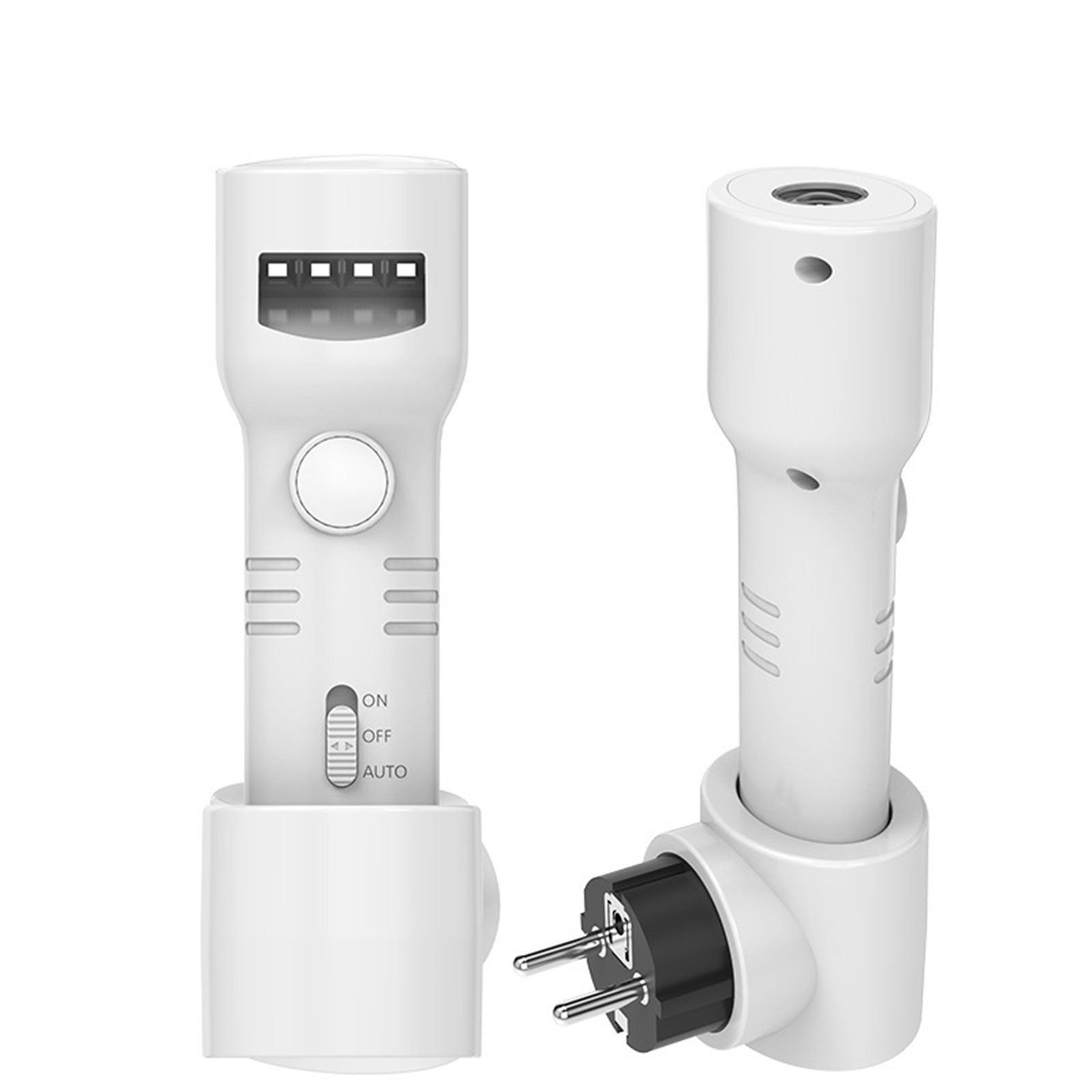 Weißes, elektrisches Gerät mit Schalter. Eines steckt in der Steckdose, das andere zeigt Einstellungen.