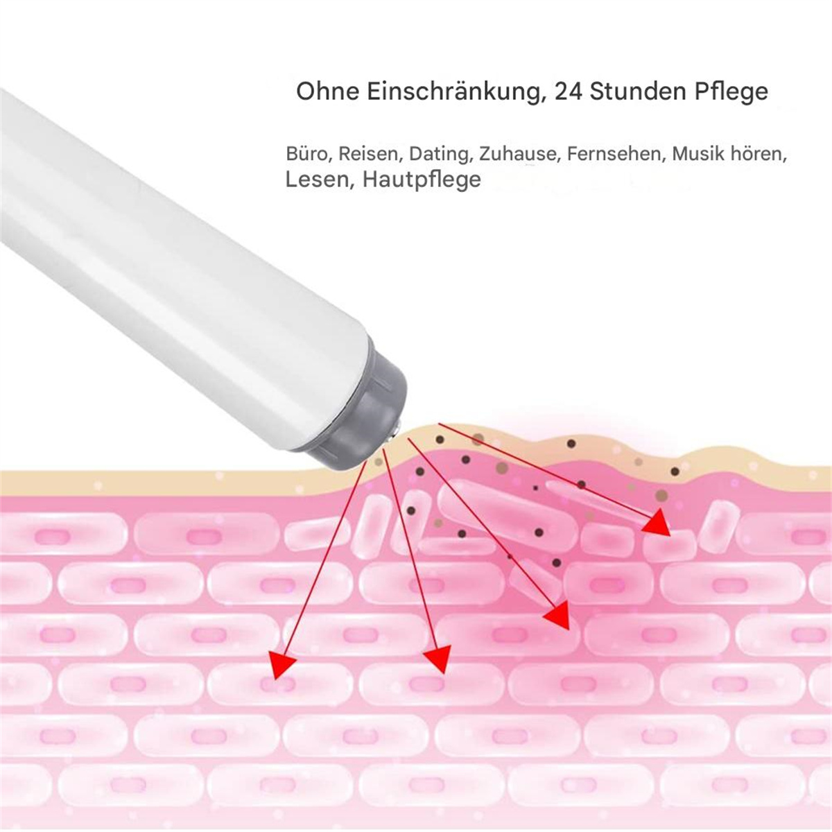 Diagramm der Haut mit einem Gerät. Rote Strahlen gehen in die Hautschichten.