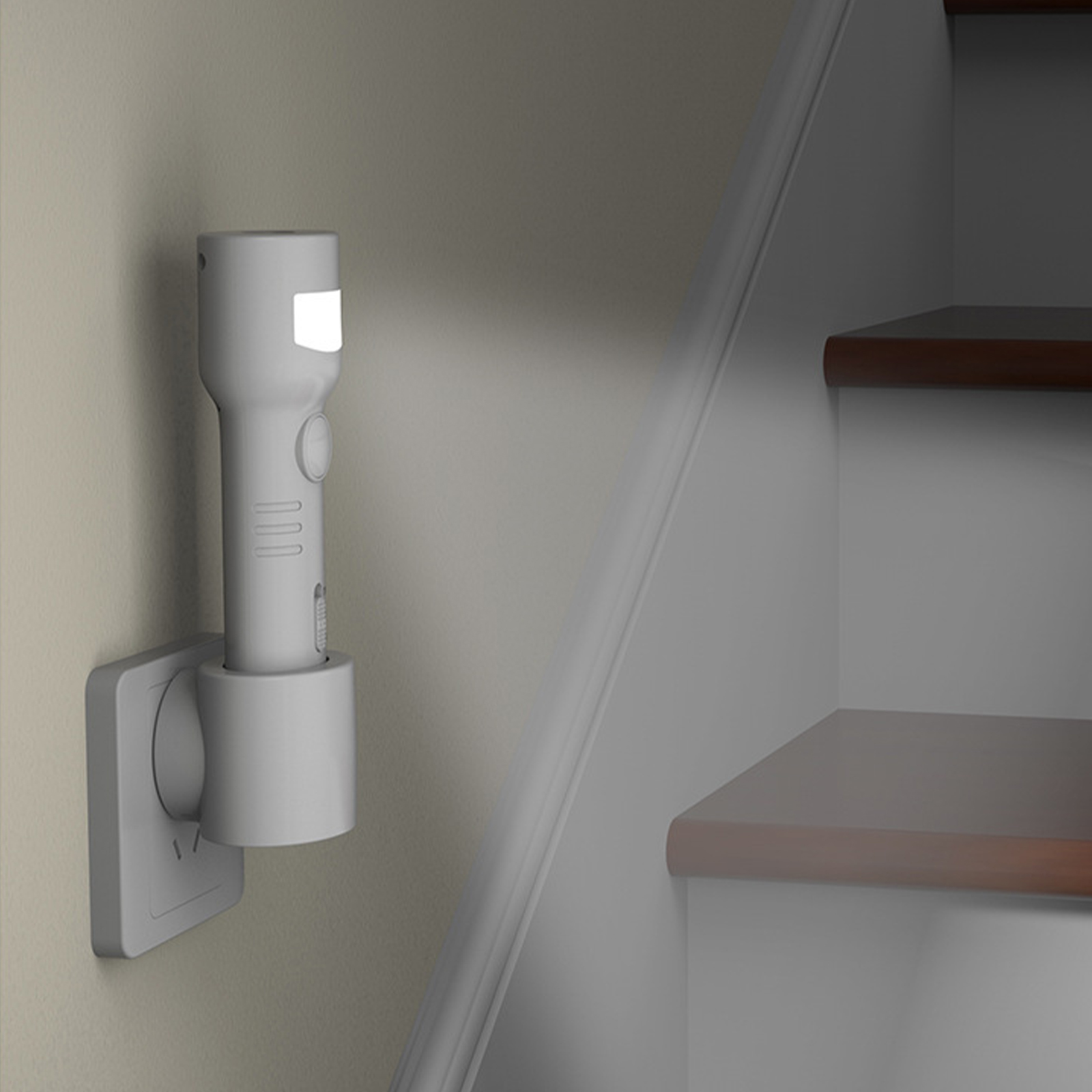 Eine weiße Taschenlampe wird an einer Wand in der Nähe einer Treppe befestigt und leuchtet.