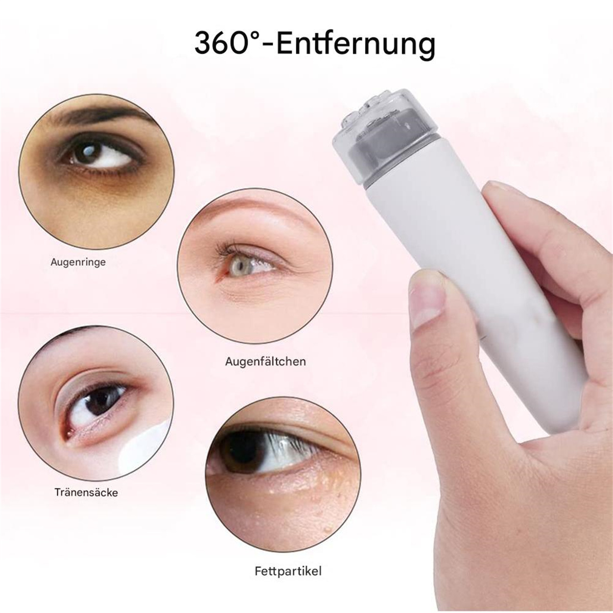 Gerät mit Bildern. Zeigt dunkle Kreise, Falten, Tränensäcke und Fettpartikel um die Augen.