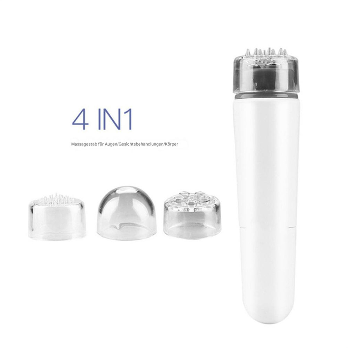 4-in-1 Massagegerät mit drei Aufsätzen und weißem Griff.