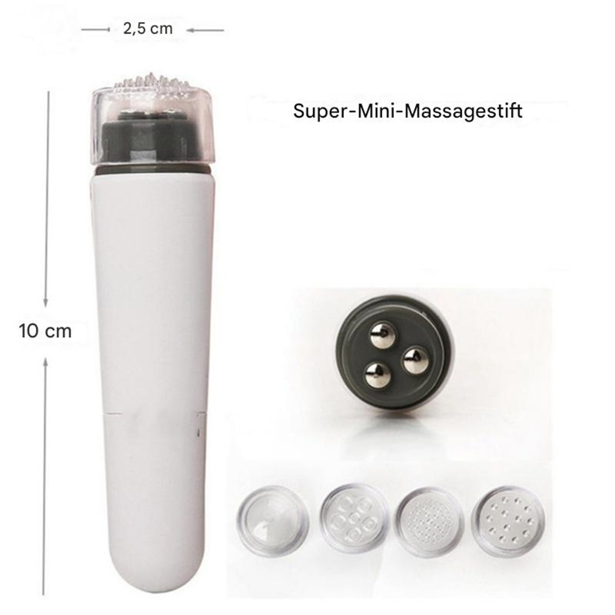 Ein weißer Mini-Massagegerät mit einigen austauschbaren Köpfen und Maßangaben.