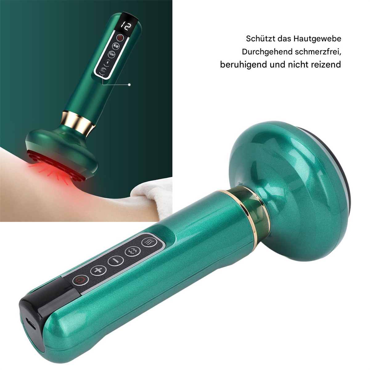 Ein grünes Massagegerät mit rotem Licht, das vom Kopf ausgeht, wird präsentiert.