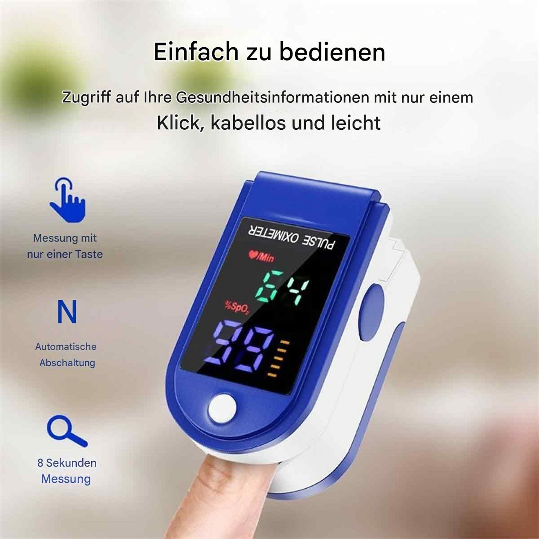 Blauer Finger-Pulsoximeter, der Messwerte auf hellem Hintergrund anzeigt.