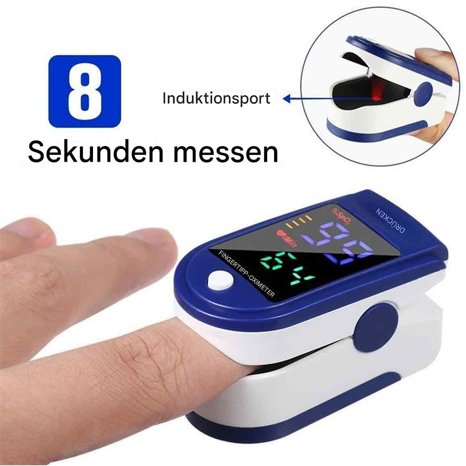 Pulsoximeter am Finger, zeigt SpO2 und Puls an. Text: '8 Sekunden messen'.