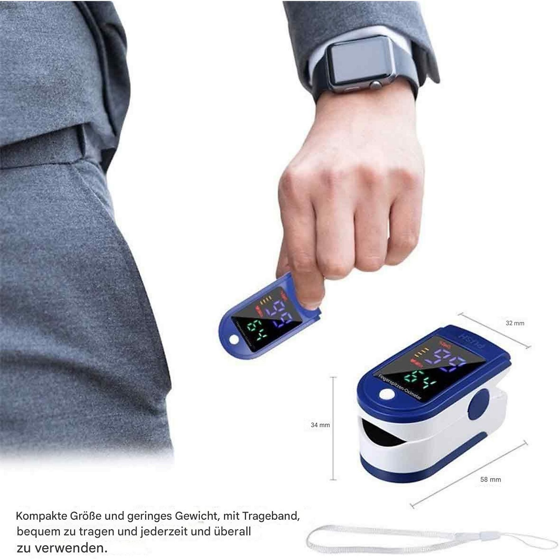 Mann hält ein Finger-Pulsoximeter. Ein weiteres Oximeter liegt auf dem Tisch.