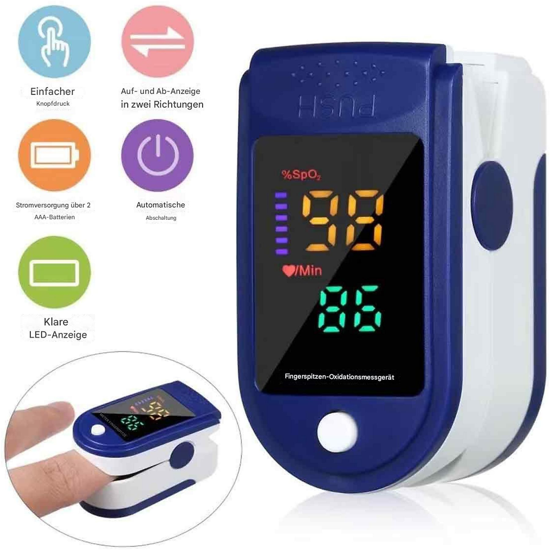 Ein Pulsoximeter mit blauem und weißem Design, das Messwerte auf einem Bildschirm anzeigt. Icons umgeben es.