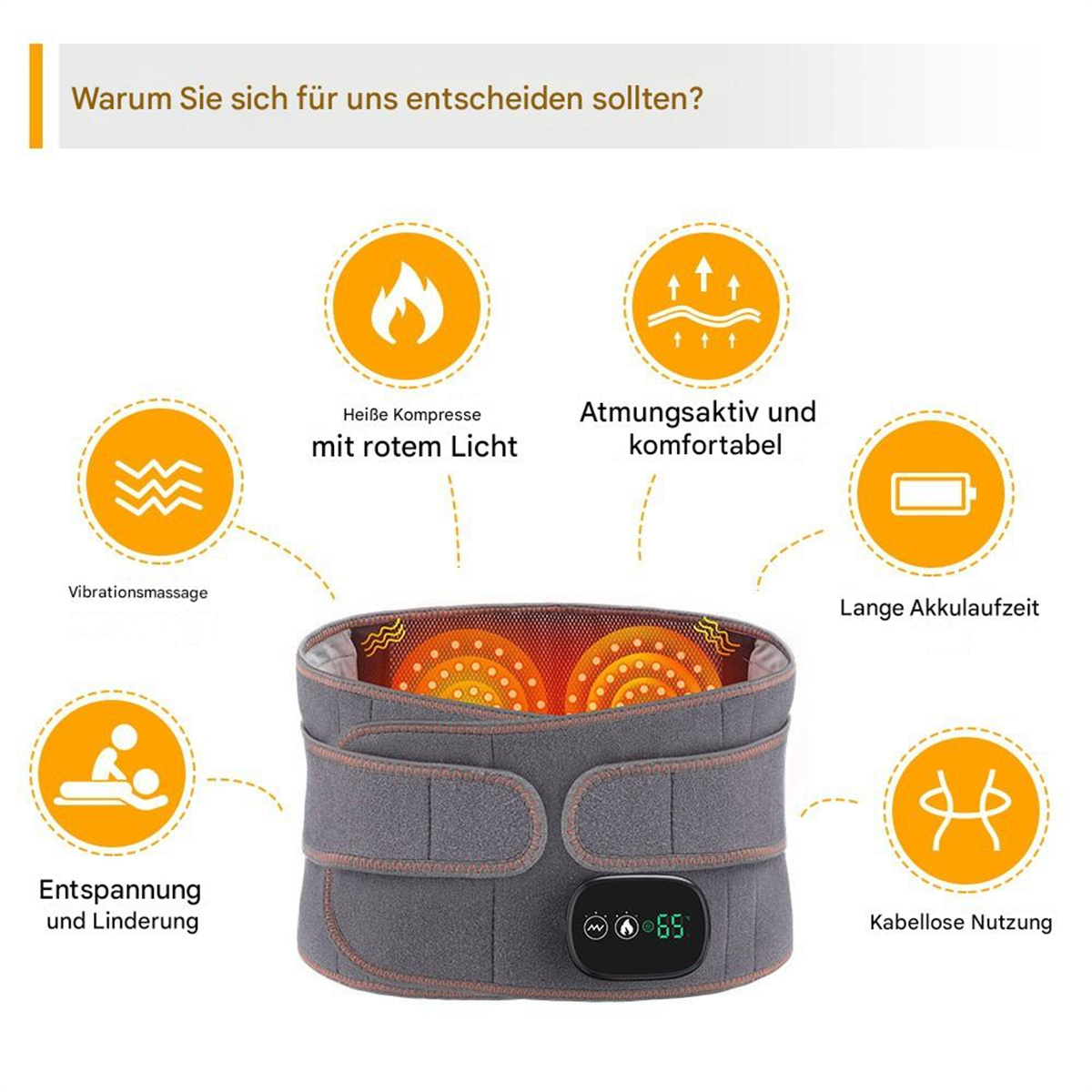 Grauer Massagegürtel mit Symbolen für Wärme, Vibration und kabellose Nutzung. Text auf Deutsch.