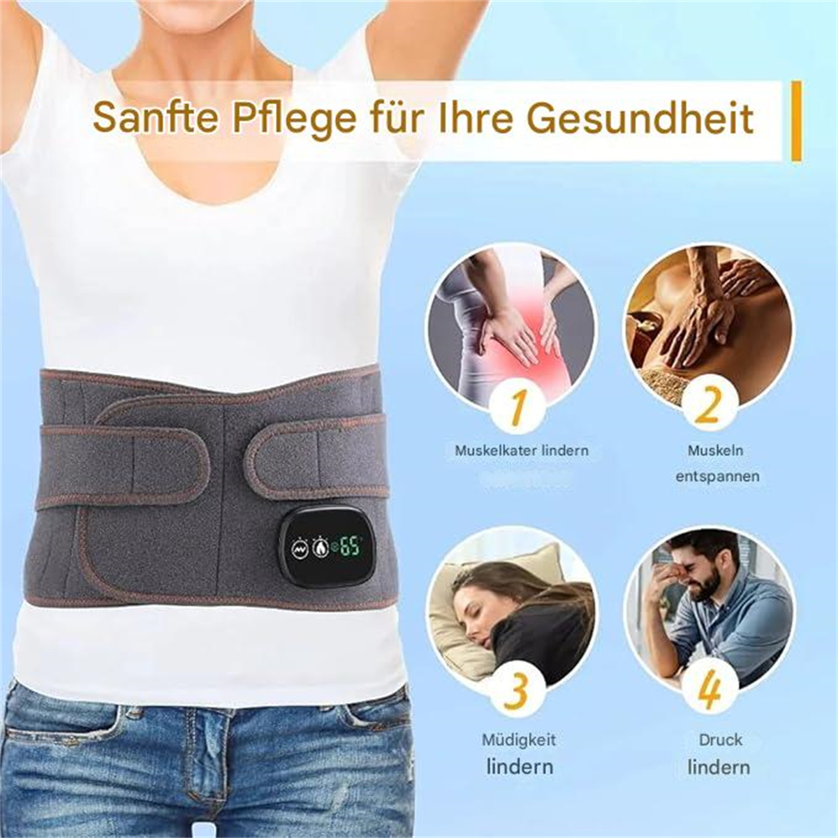 Graue Rückenstütze mit Bedienelementen. Symbole zeigen die Vorteile: Muskelschmerzlinderung und Entspannung.