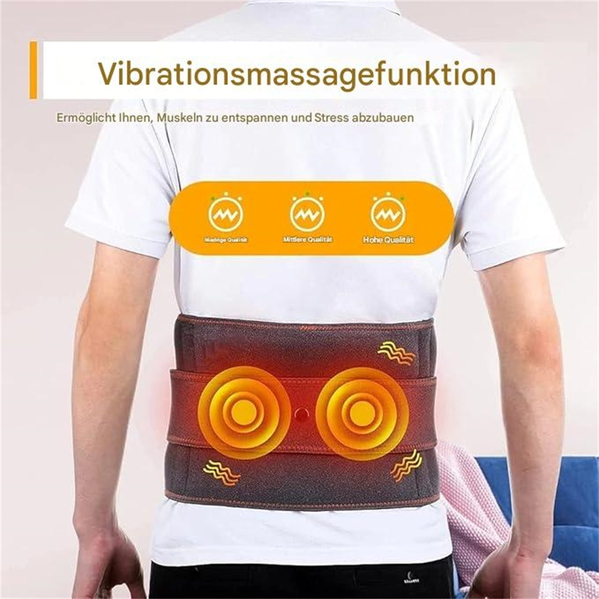 Der Rücken einer Person mit einem Rückenmassagegerät. Es zeigt rote Kreise und Text auf Deutsch.