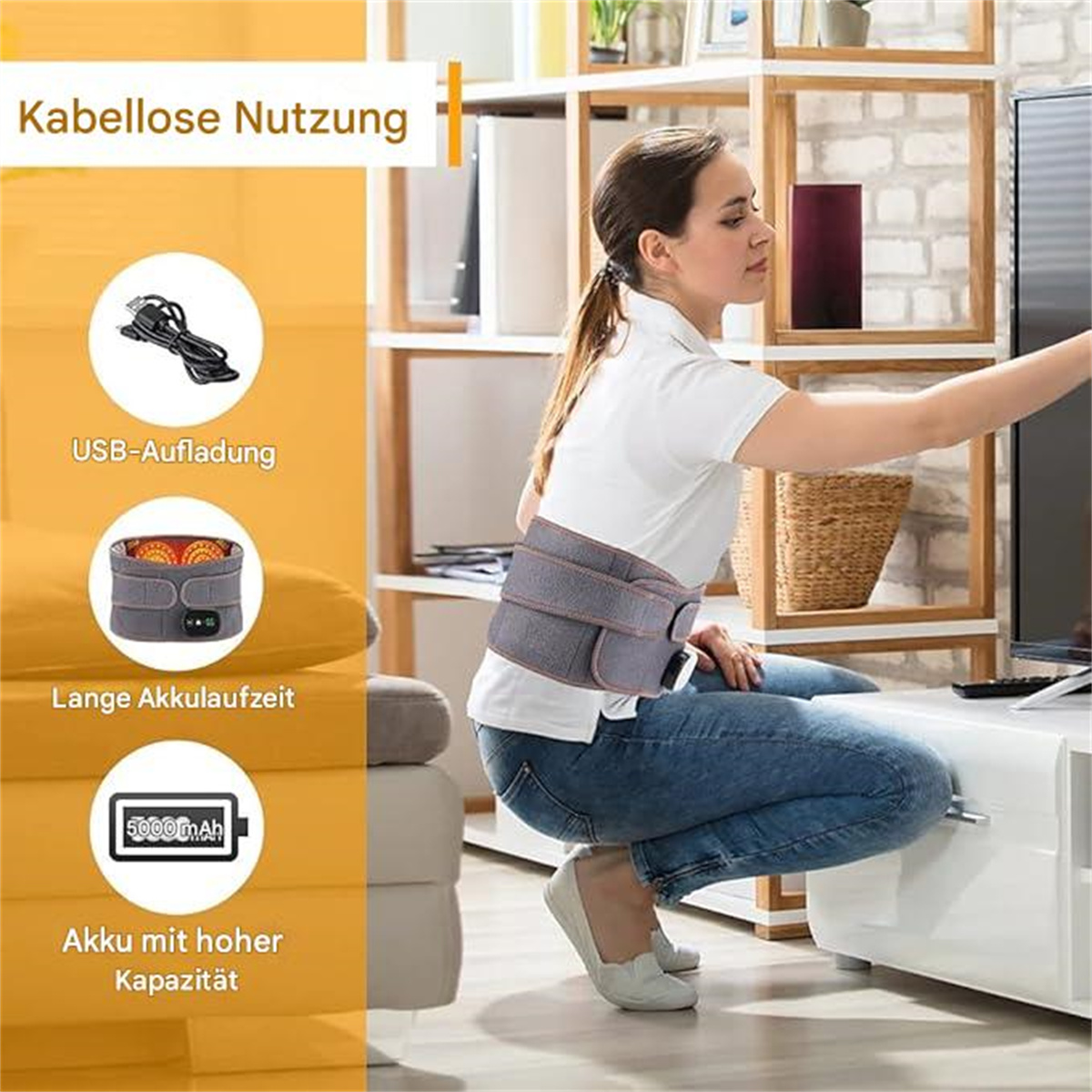 Frau mit Rückenmassagegerät, mit USB-Ladegerät und Batterieinfo.