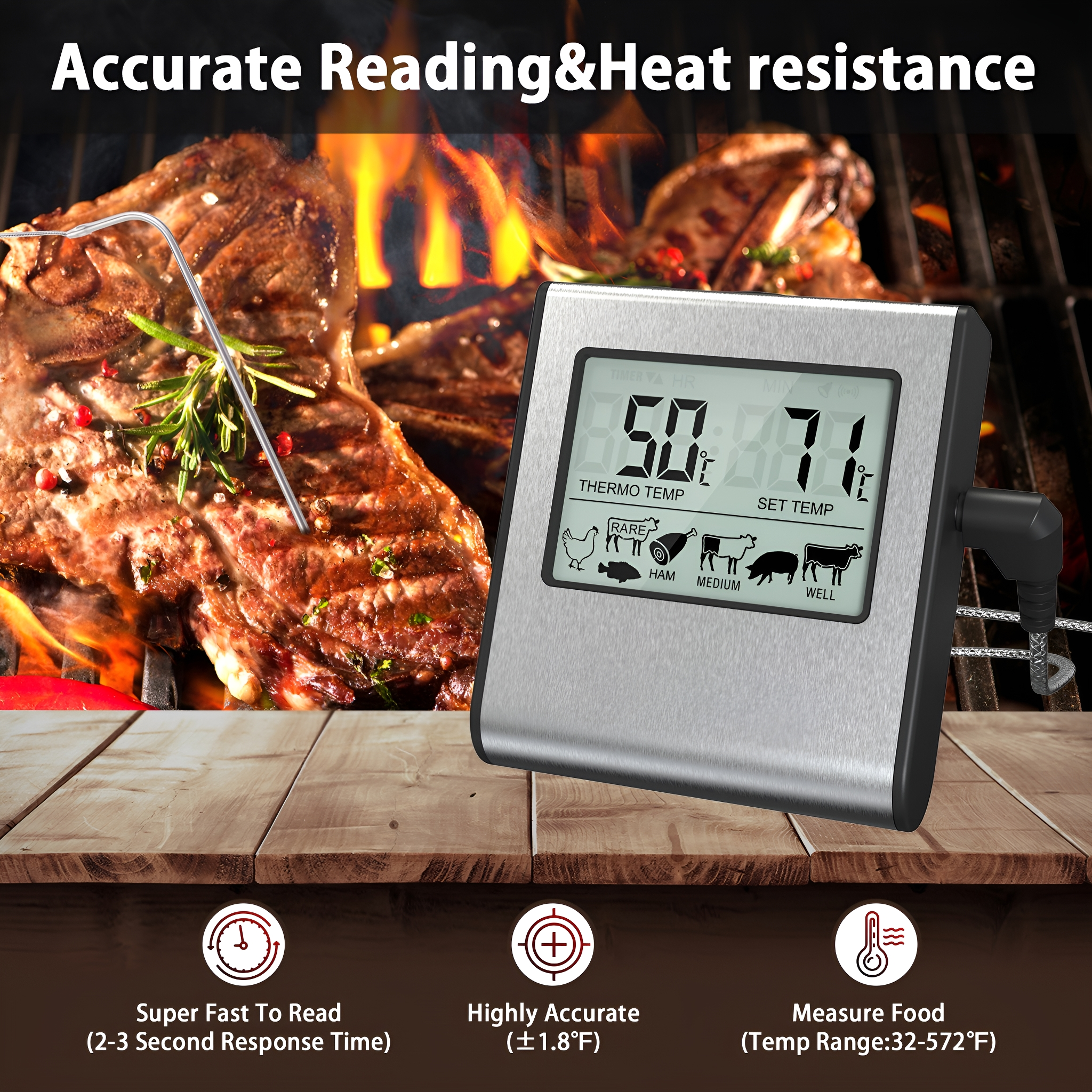 Ein digitales Fleischthermometer zeigt die Temperatur an. Ein Stück Fleisch liegt auf einer Holzoberfläche.