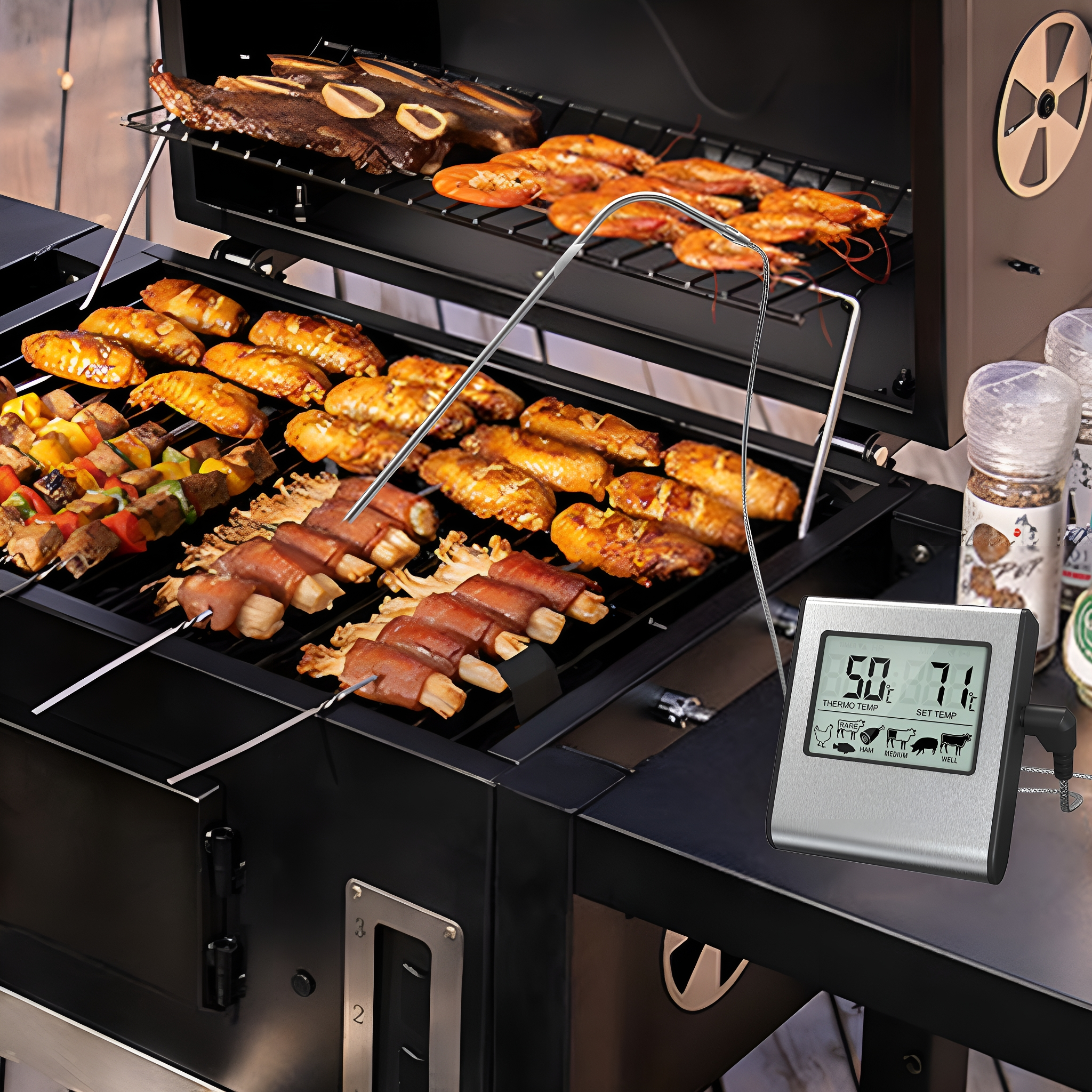 Grill mit verschiedenen Fleischsorten, Thermometer zeigt 50/71 Grad. Spieße, Flügel und Garnelen sichtbar.