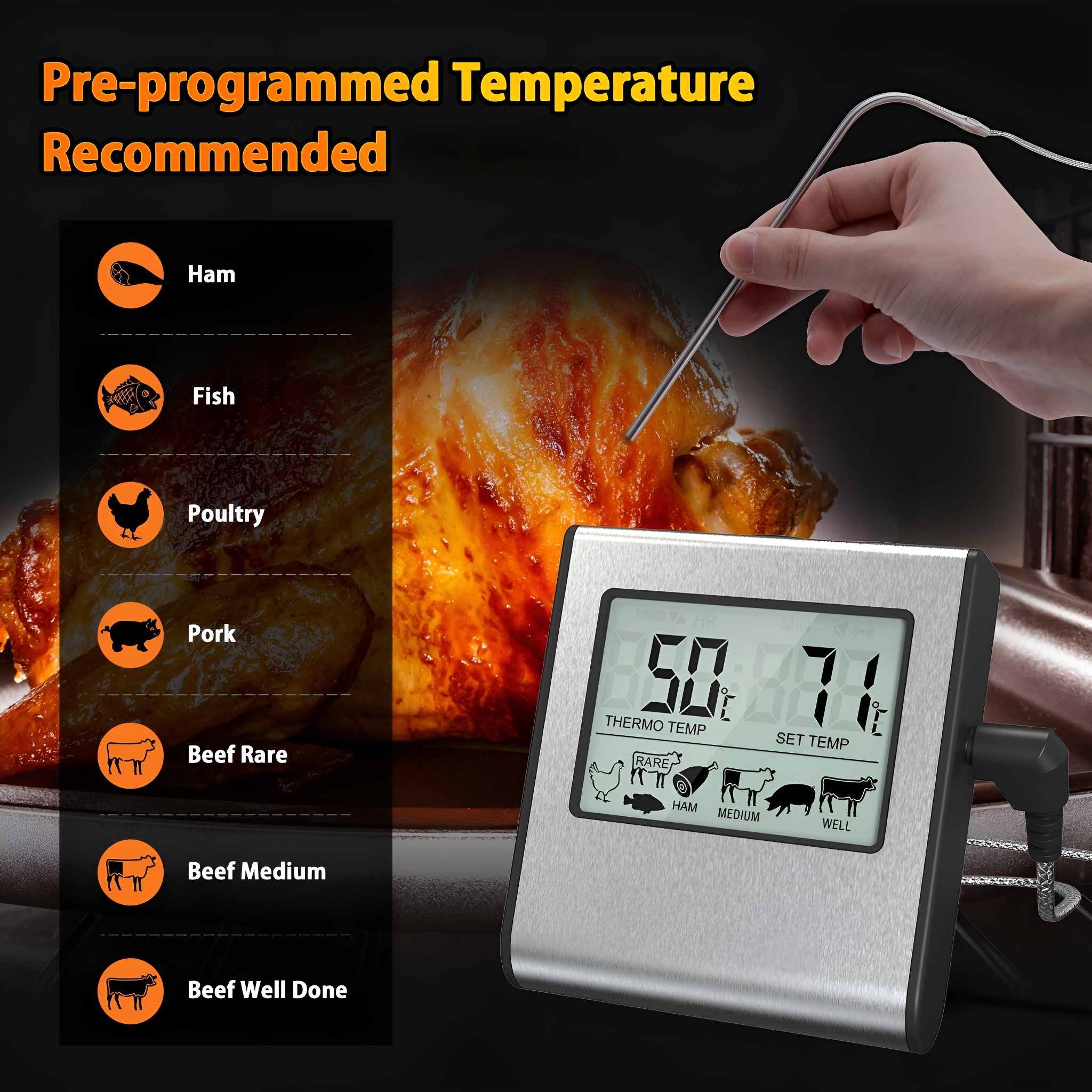 Digitales Lebensmittelthermometer mit Sonde in gebratenem Fleisch. Vorprogrammierte Temperaturen.