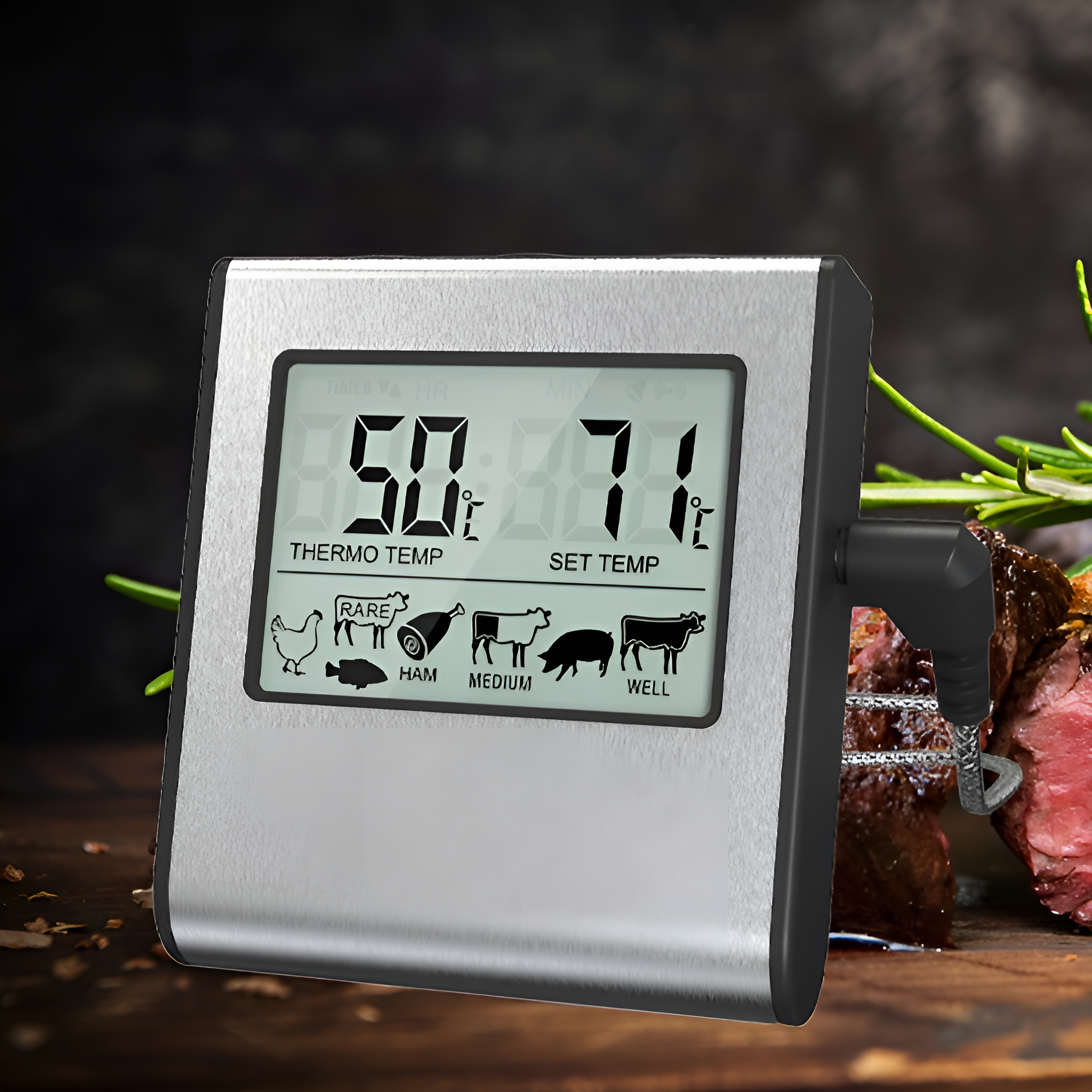 Ein digitales Fleischthermometer, das 50,7°C/71°F anzeigt. Es hat Symbole für verschiedene Fleischsorten.