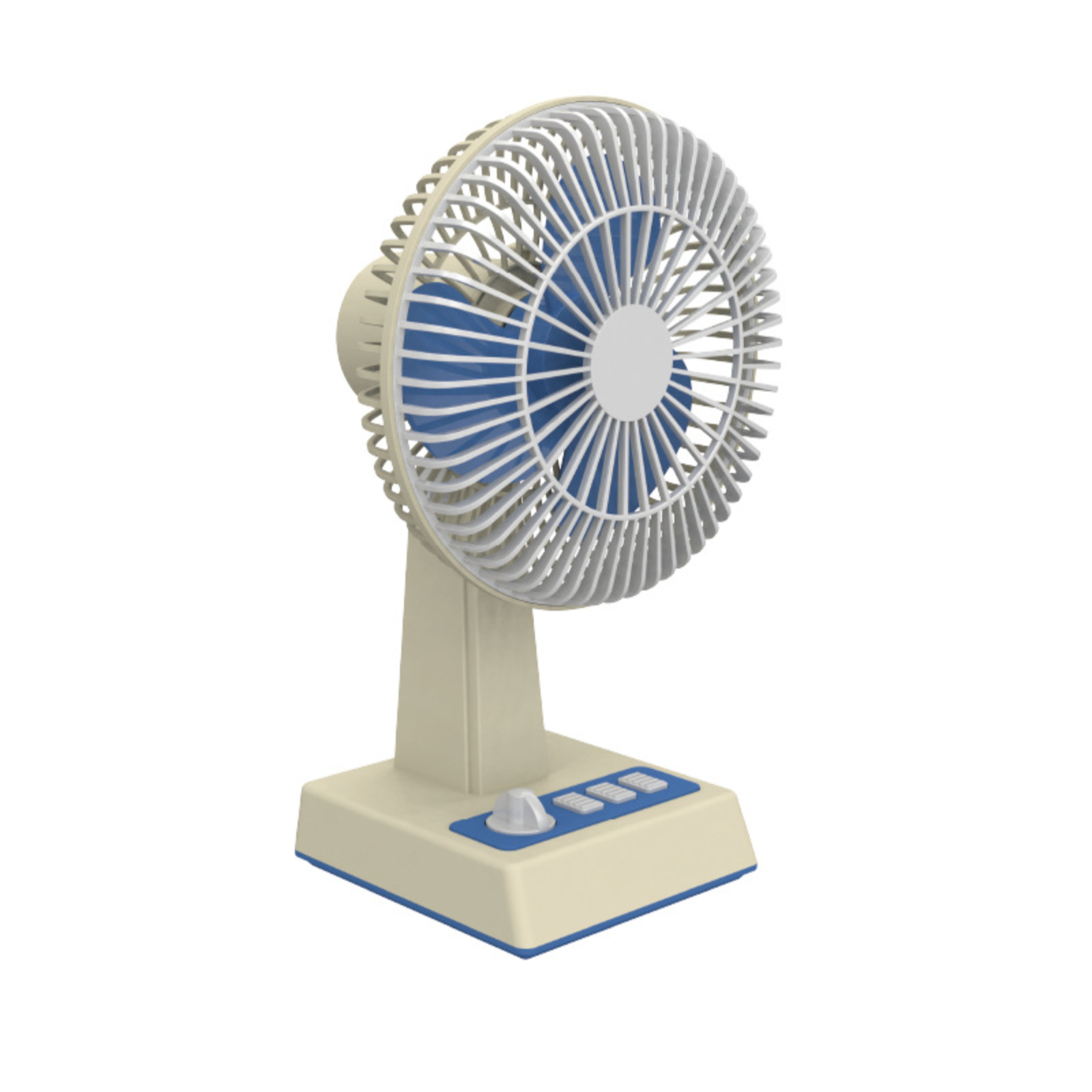 Ein beige-blauer Tischventilator mit kreisförmigem Schutzgitter und Sockel mit Knöpfen.