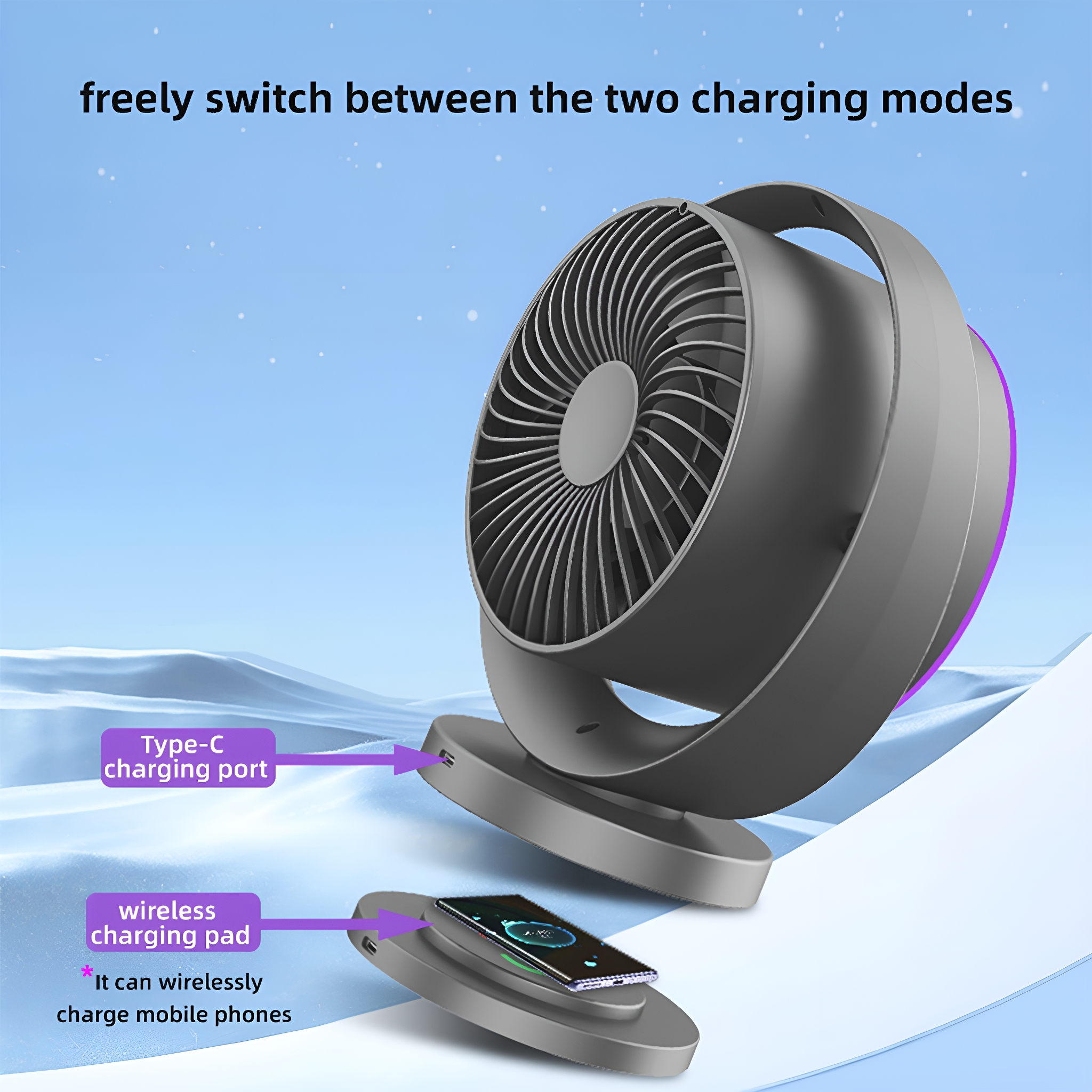 Ein grauer Ventilator mit einem kabellosen Ladepad. Der Lüfter hat einen Typ-C-Ladeanschluss. Ein Telefon wird auf dem Pad geladen.