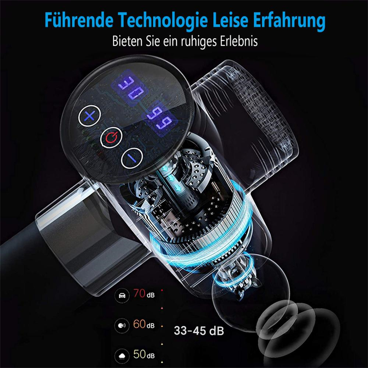 Eine schwarze Massagepistole mit Knöpfen und Digitalanzeige, umgeben von blauen Linien.