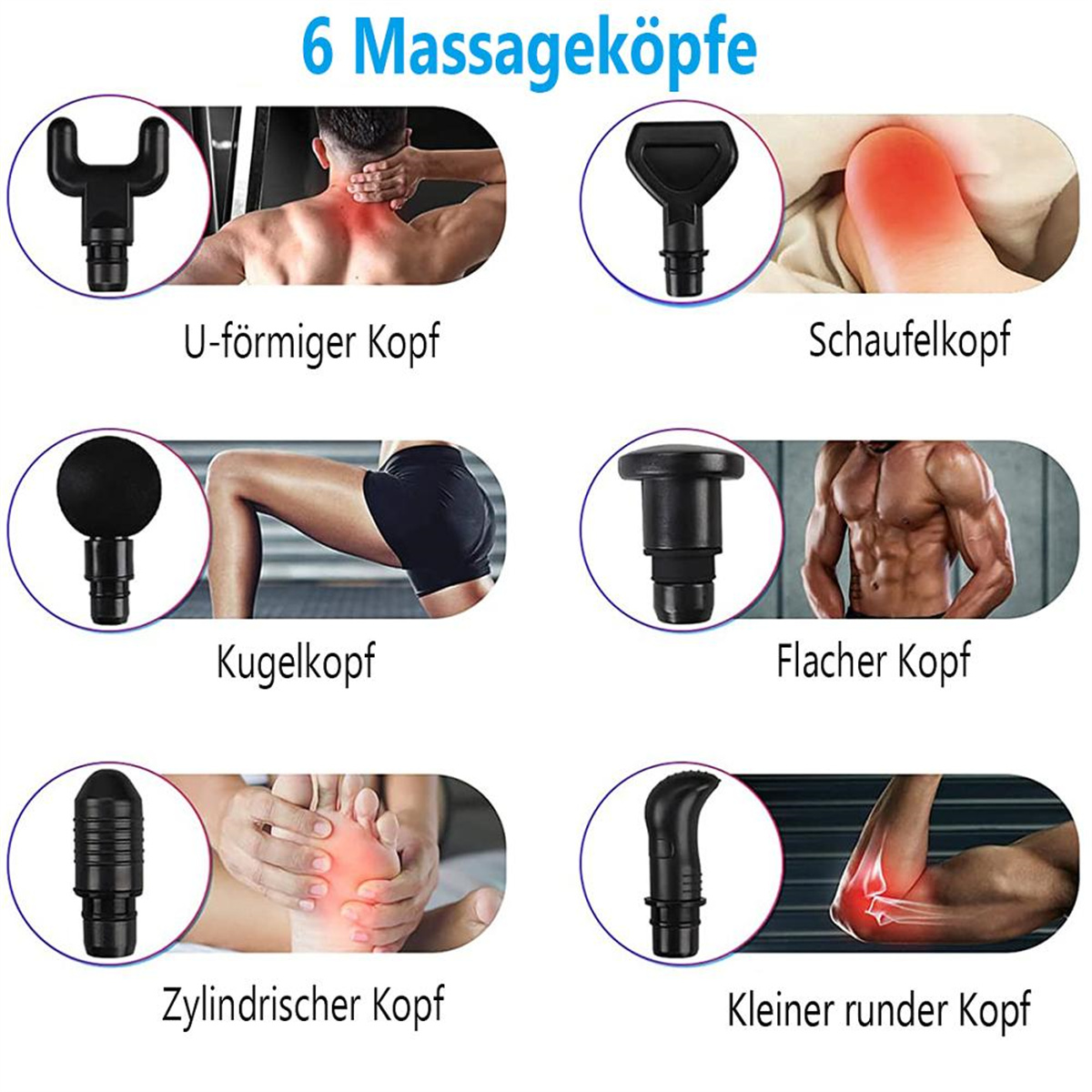 Sechs Massageköpfe mit Körperteilen, die sie ansprechen: U-förmig, rund, flach und mehr.