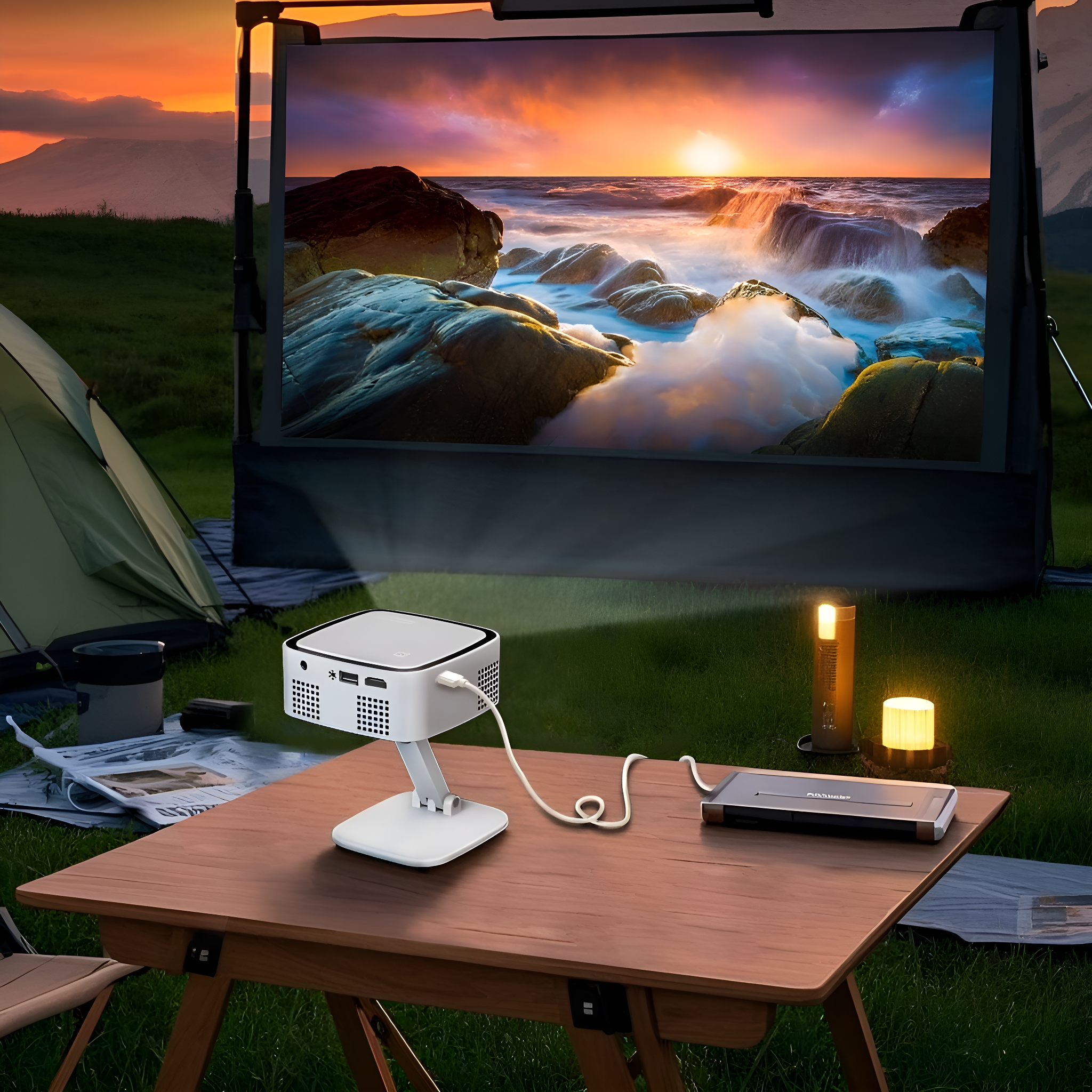 Projektor auf einem Tisch, der ein Bild auf eine Leinwand im Freien projiziert. Sonnenuntergang und Wasserszene.