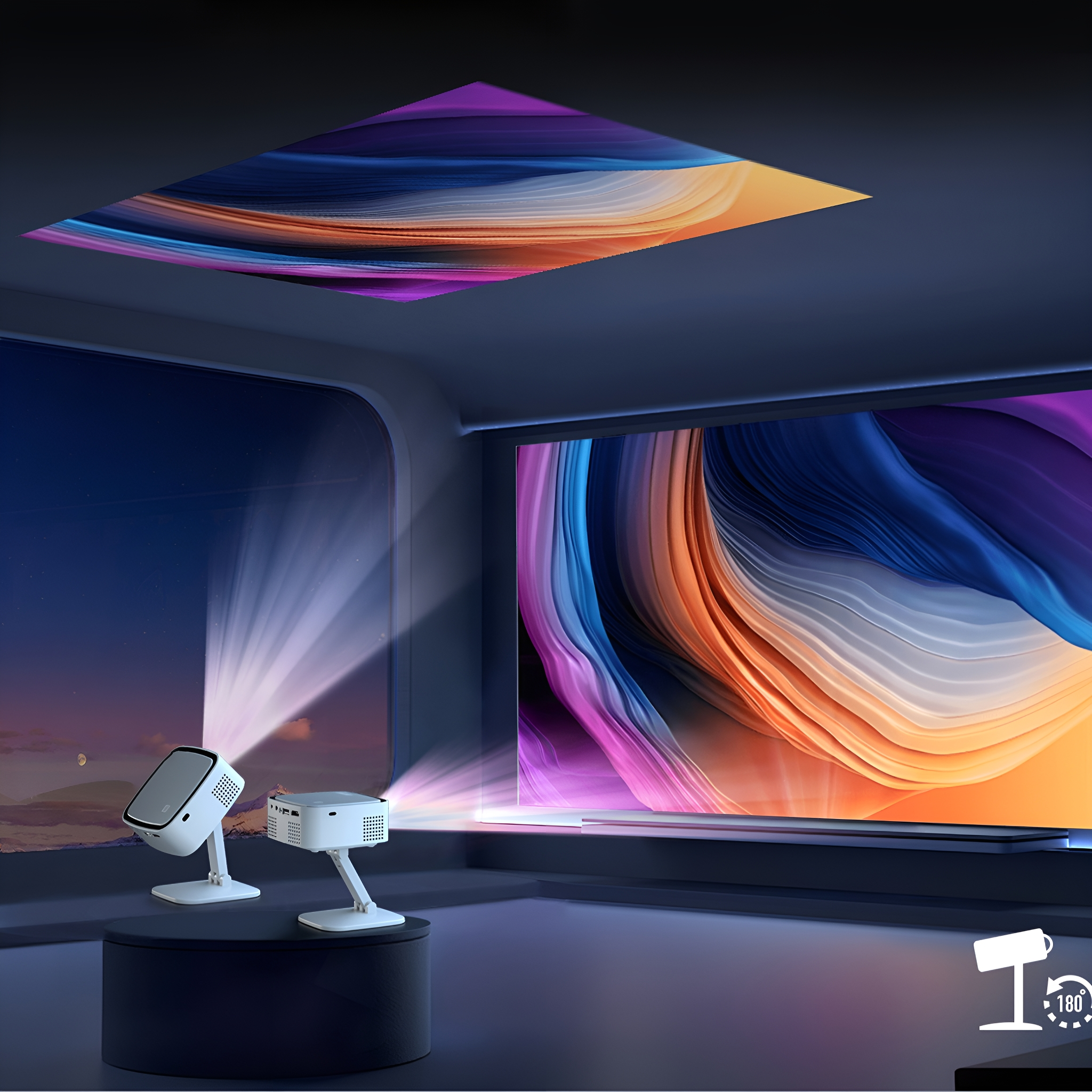 Zwei weiße Projektoren projizieren Bilder auf die Decke und eine große Leinwand in einem futuristischen Raum.