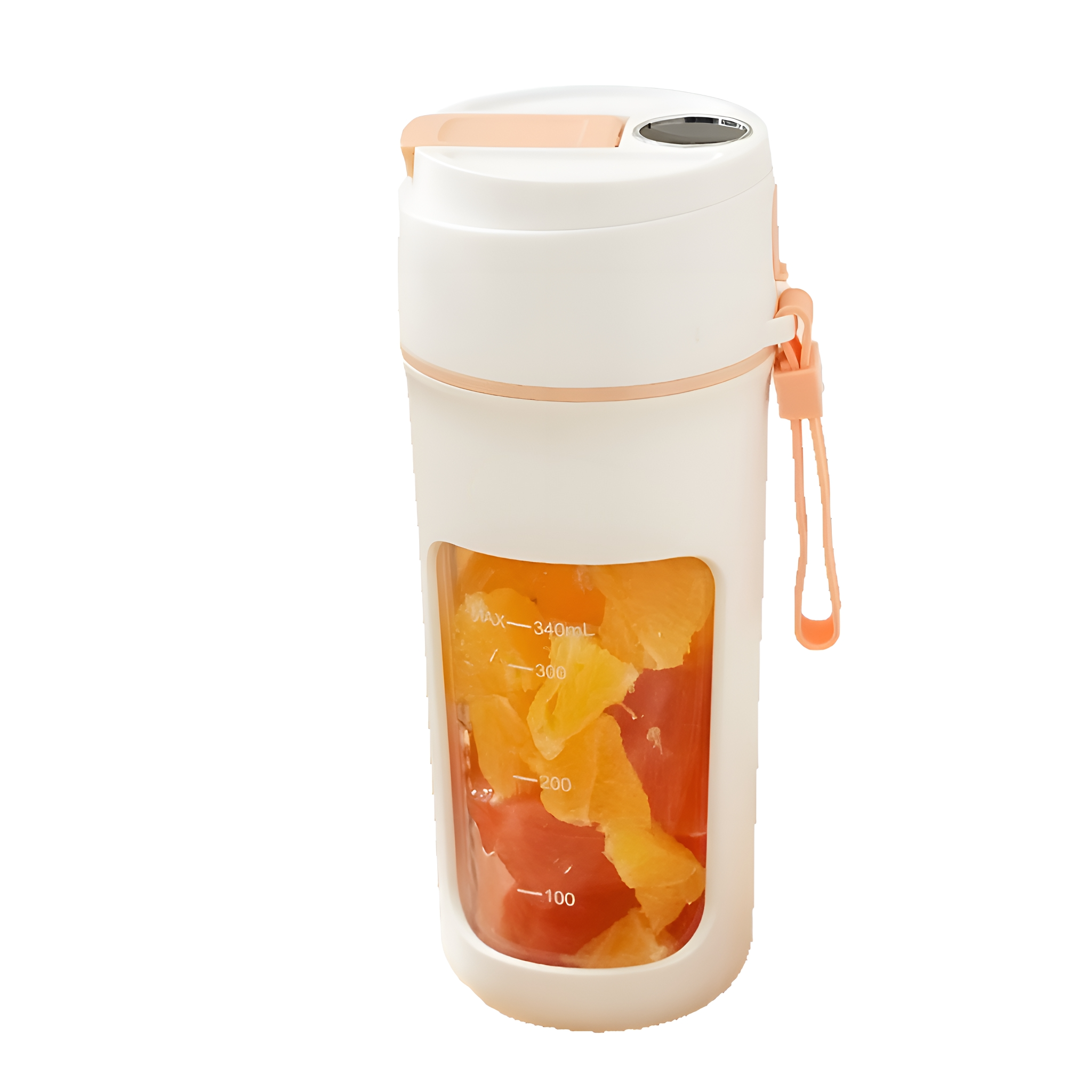 Ein weißer und orangefarbener Mixer mit Obst im Inneren.