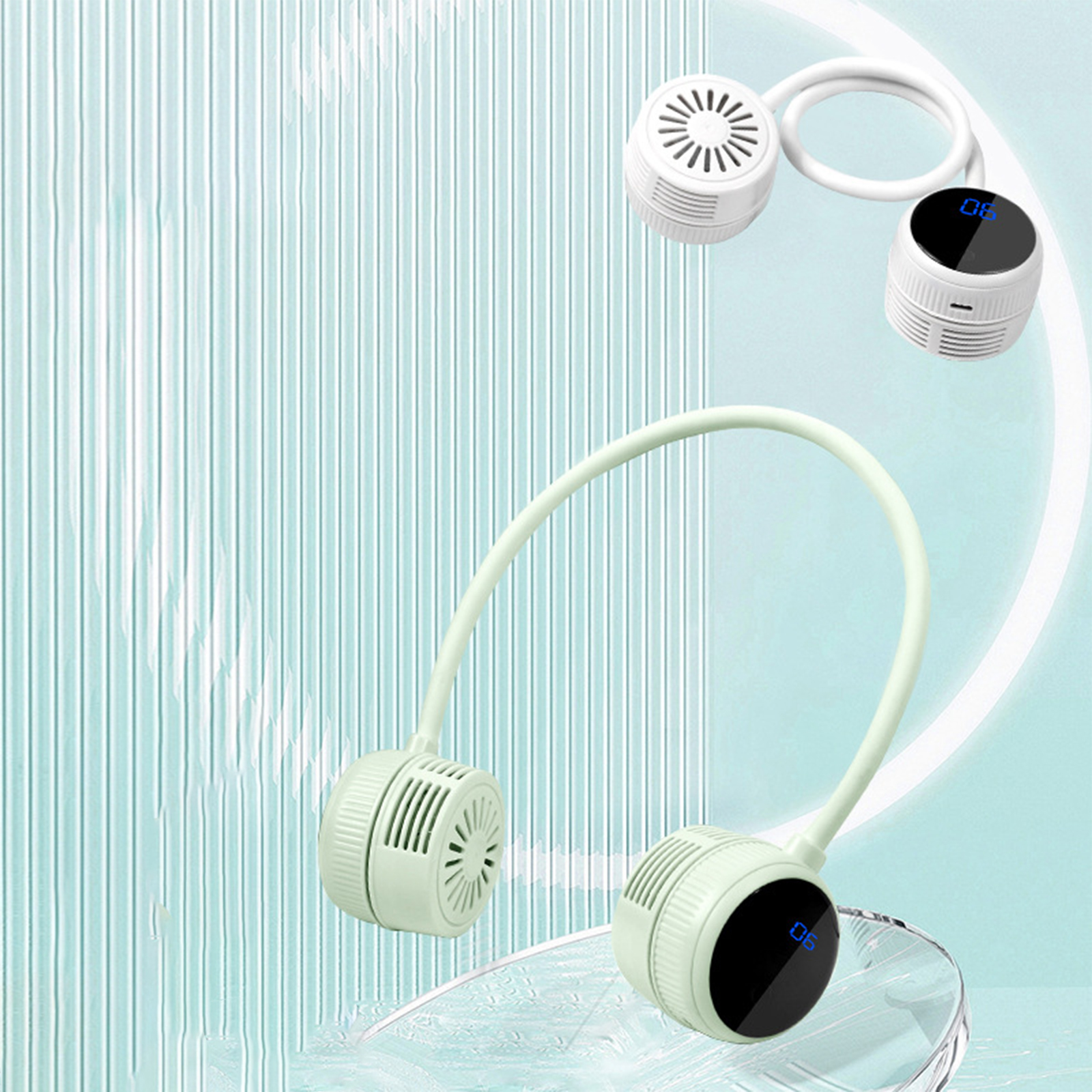 Ein weiß-grüner Nackenventilator mit zwei kleineren Ventilatoren.