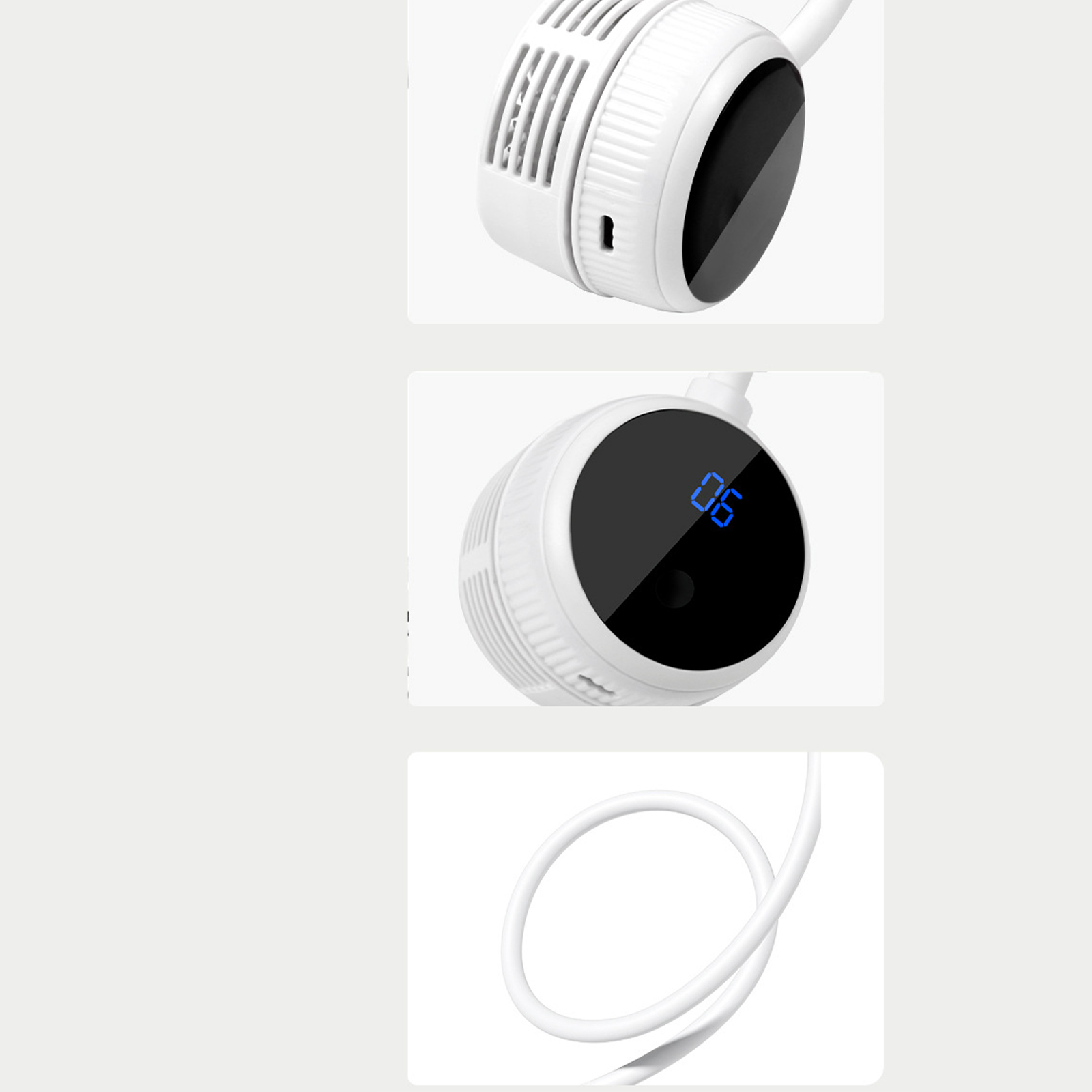 Drei Bilder eines weißen Nackenventilators mit Details zu Lüfter, Display und Ladekabel.