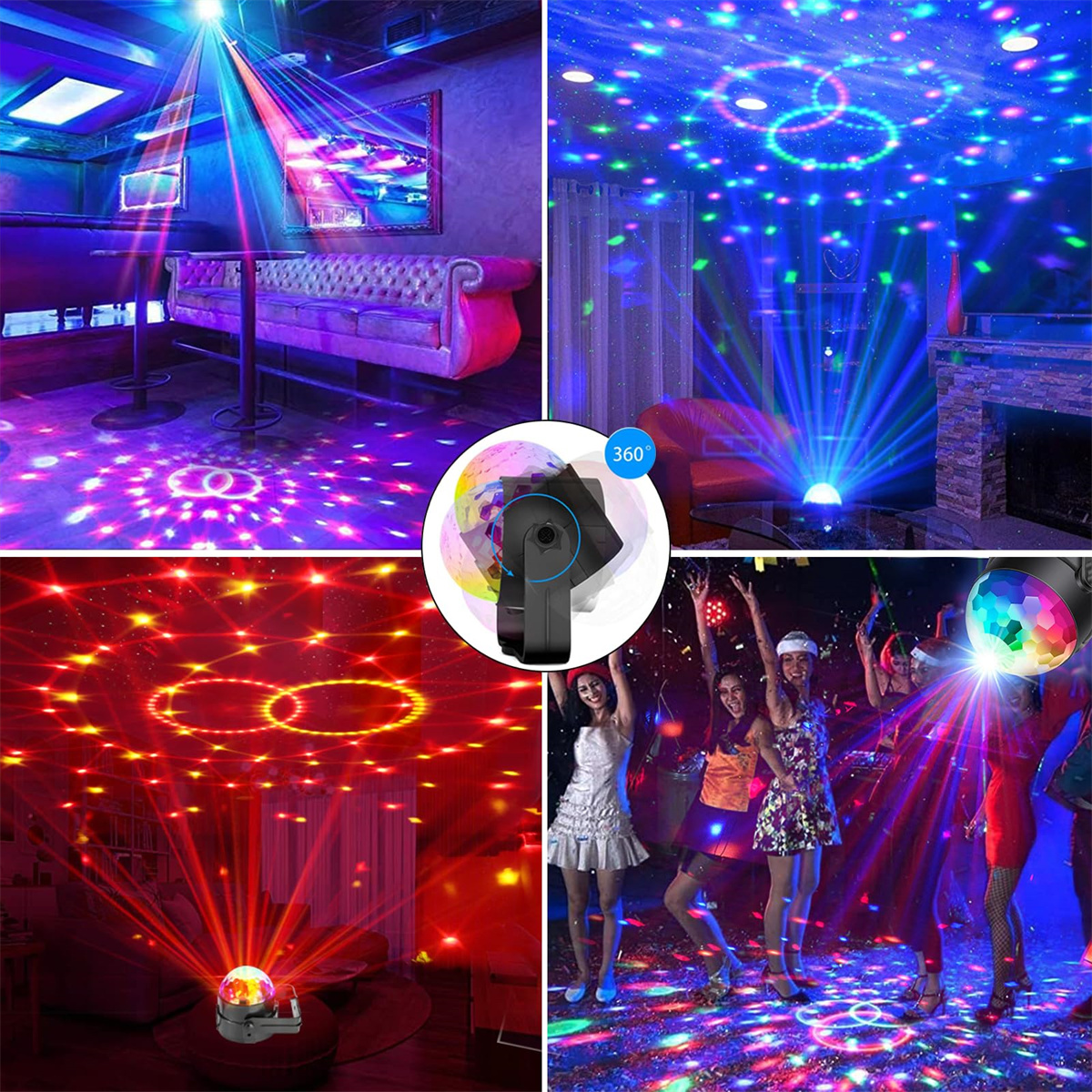 Mehrere Bilder einer Discokugel und Laserlichtern, die eine Partyatmosphäre in einem Raum erzeugen.