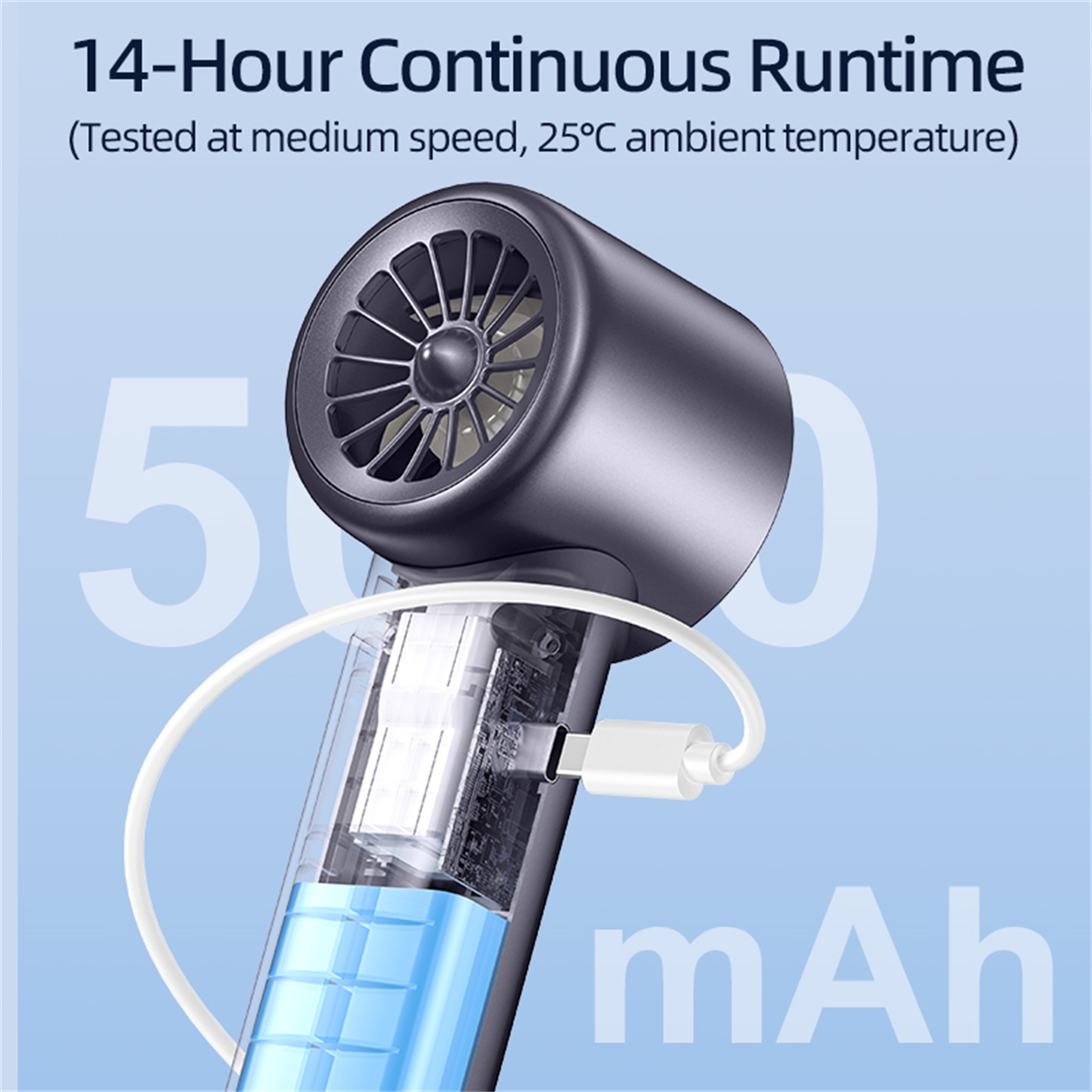 Schwarz-weißer Handventilator mit blauem Flüssigkeitsbehälter. Der Text ist weiß.