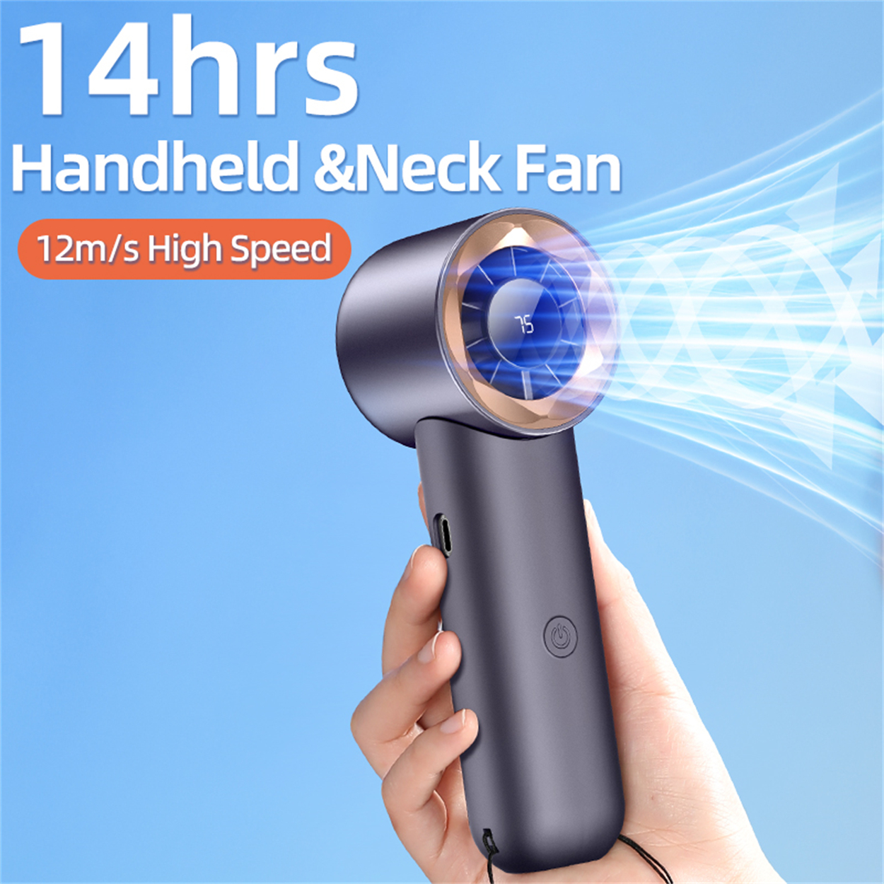 Hand- und Nackenventilator, graue Farbe, Person hält Ventilator, blauer Himmel im Hintergrund.