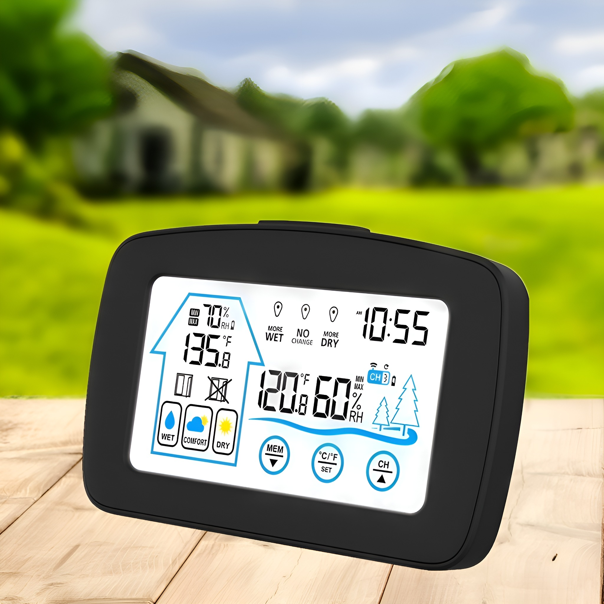 Eine schwarze Wetterstation zeigt Temperatur, Luftfeuchtigkeit und Uhrzeit auf Holz. Haus im Hintergrund.