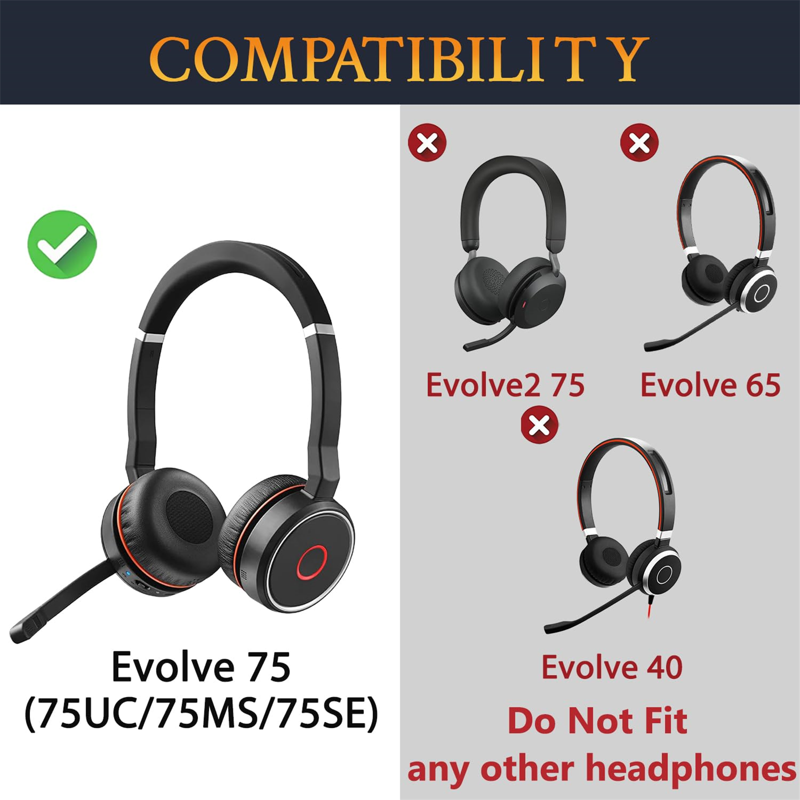 Kopfhörer, mit Evolve 75 kompatibel, andere Modelle nicht. Enthält Headset-Bilder und Kompatibilitätsmarkierungen.