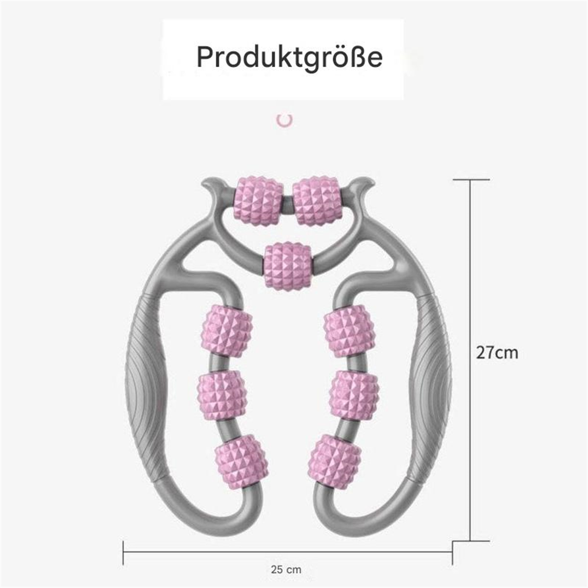 Graue Rolle mit rosa Rollen und grauen Griffen. Text: Produktgröße.