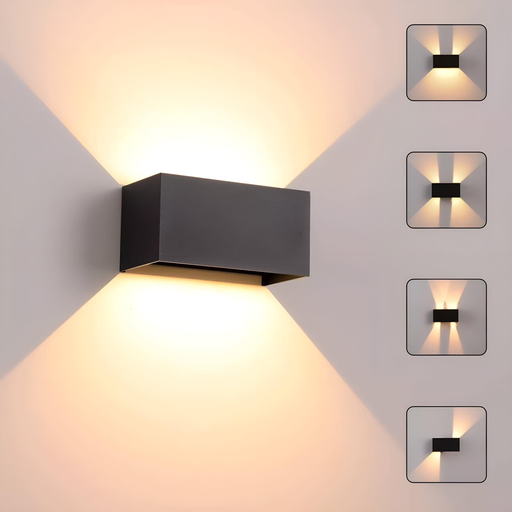 Schwarze rechteckige Wandlampe, die Licht nach oben und unten ausstrahlt, mit vier Lichtanzeigeoptionen.