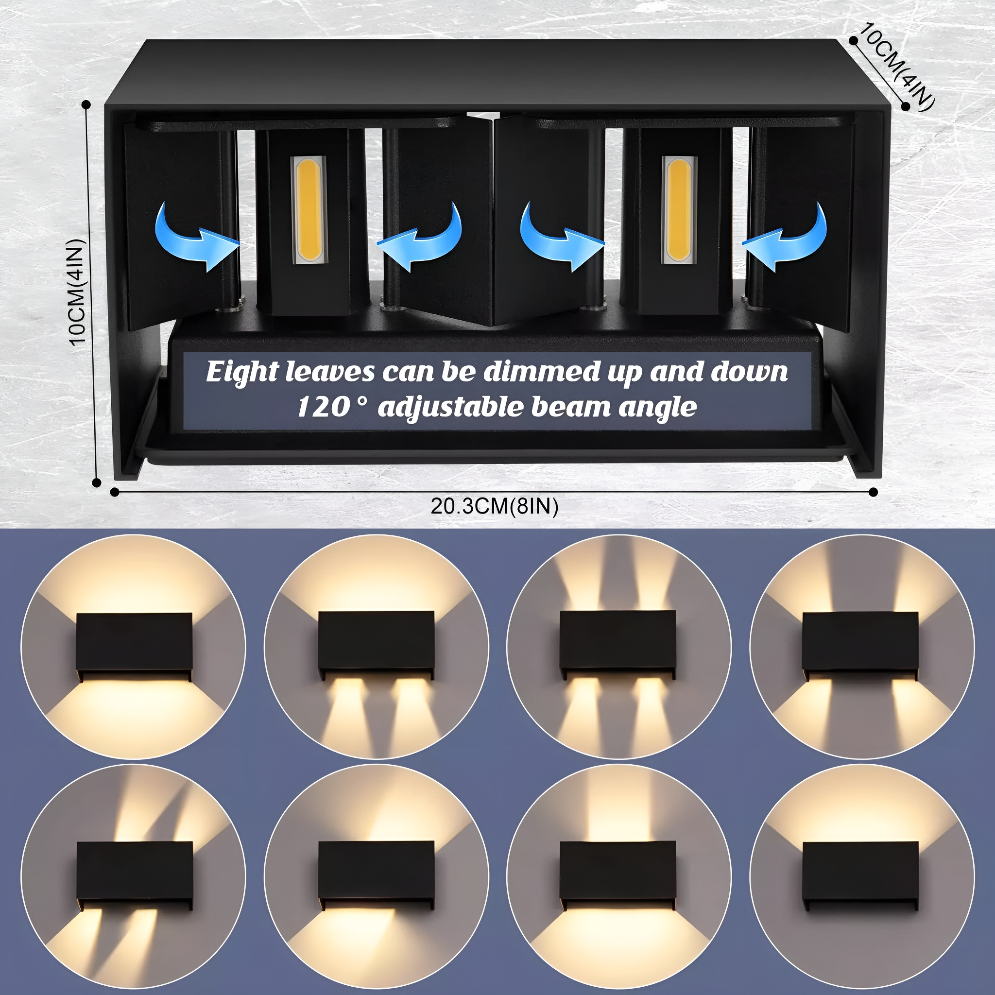 Schwarze Wandleuchte mit acht verstellbaren Lichtern, Draufsicht und Beleuchtungsbeispielen.