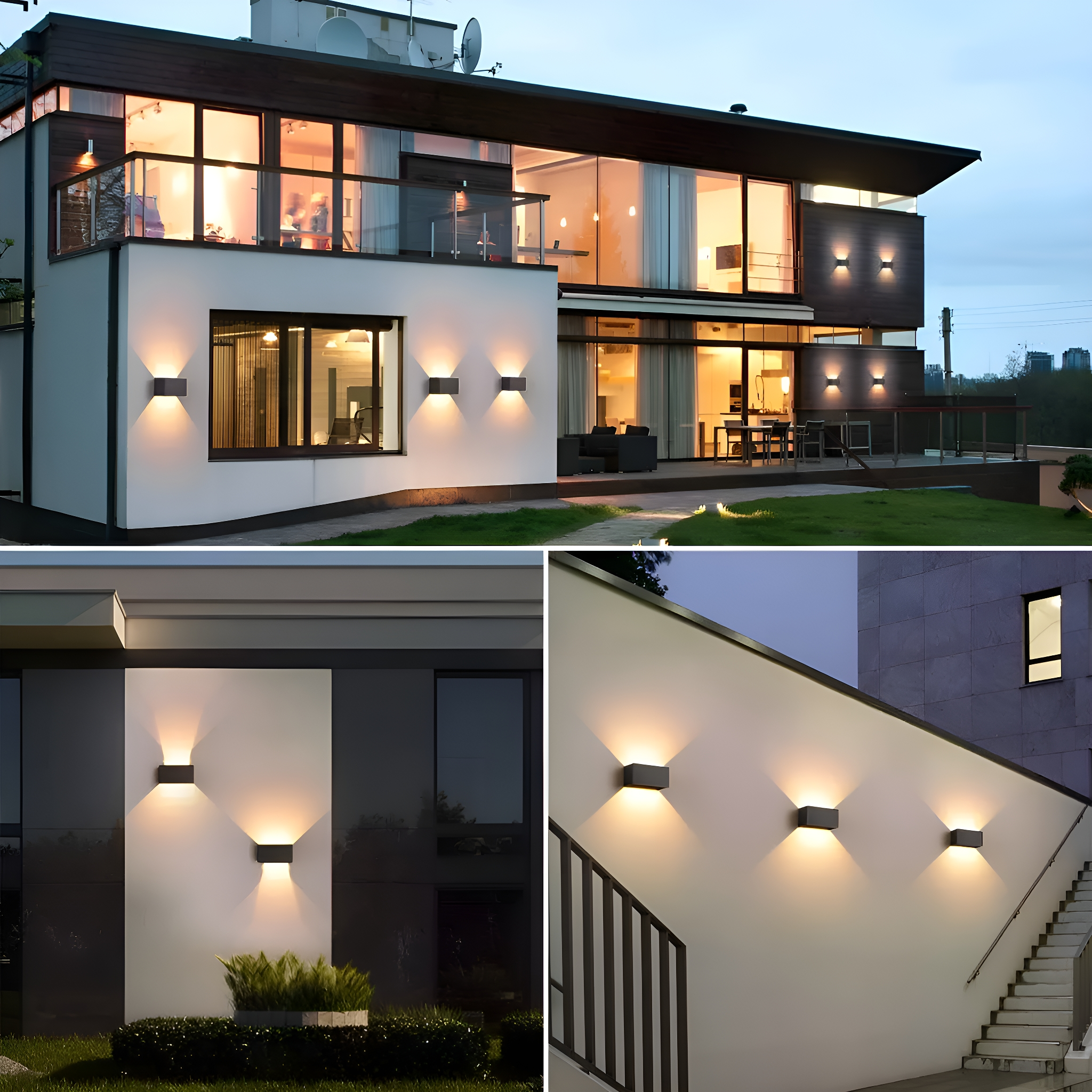 Außenansicht eines modernen Hauses mit Lichtern. Drei verschiedene Fotos von Außenwänden mit Lichtern.