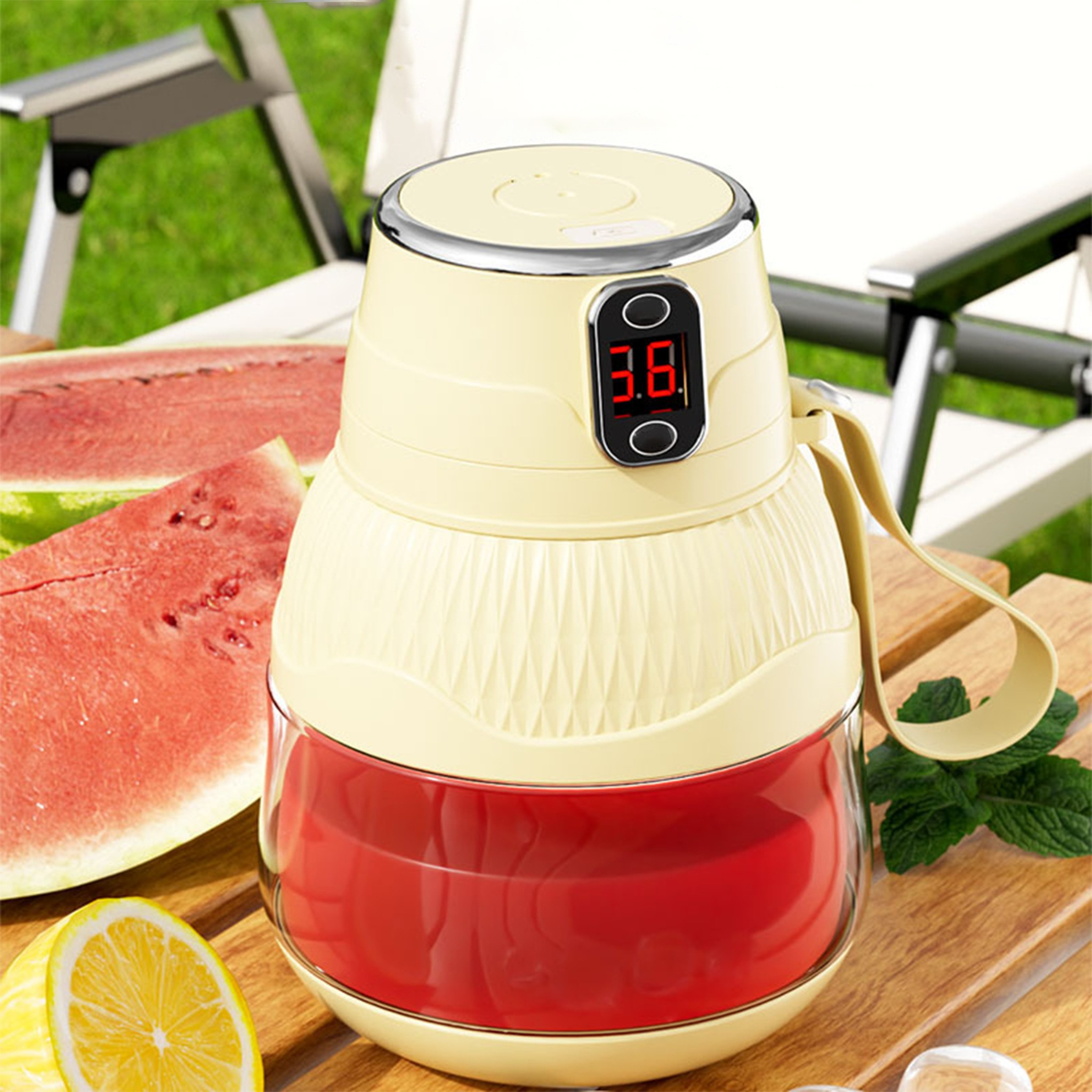 Ein gelber Behälter mit roter Flüssigkeit und einer Wassermelonenscheibe auf einer Holzoberfläche.