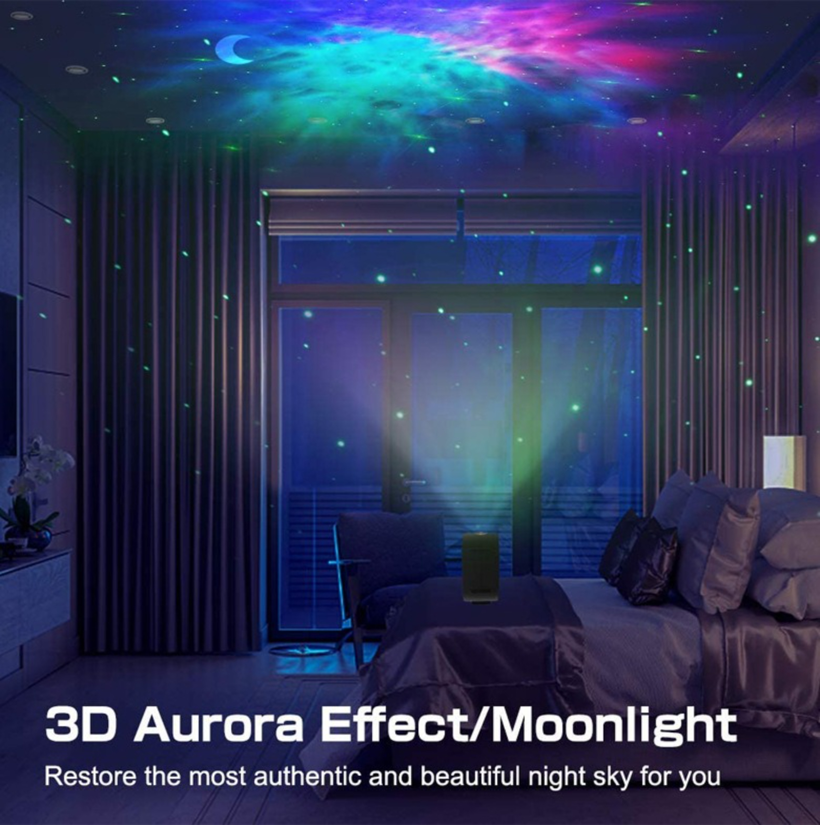 Ein Schlafzimmer mit einem Projektor, der farbenfrohe Polarlichter und einen Mond anzeigt. Bett mit Kissen und Fenster.