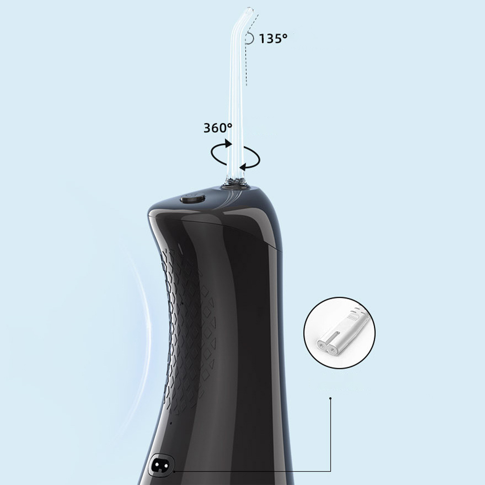 Ein schwarzer Wasserflosser mit rotierender Spitze. Zeigt 135° und 360° Winkel. Ein kleines rundes weißes Teil ist in einem Kreis.