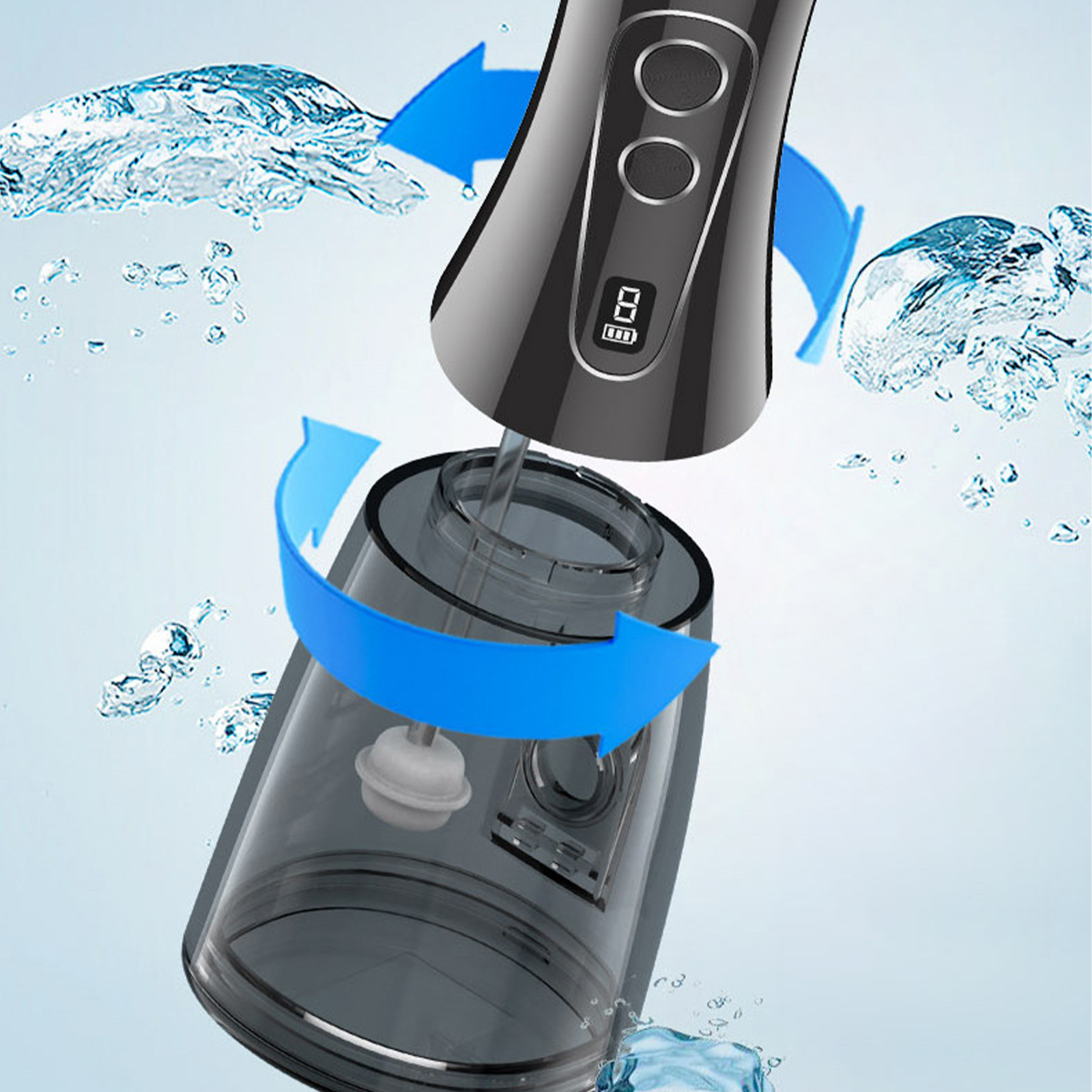 Ein Munddusche wird mit Wasser und blauen Pfeilen gezeigt, die den Wasserfluss anzeigen. Teile sind transparent.